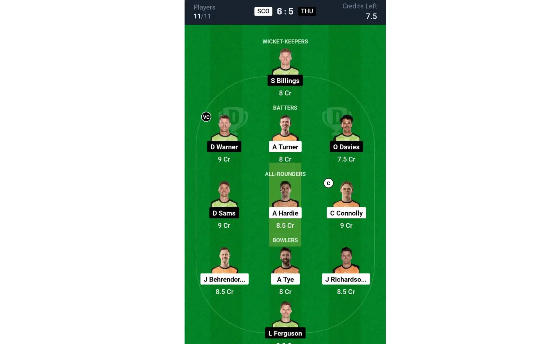 SCO vs THU, BBL 2024-25: Dream11 Team 1 [Source: @Dream11 App]