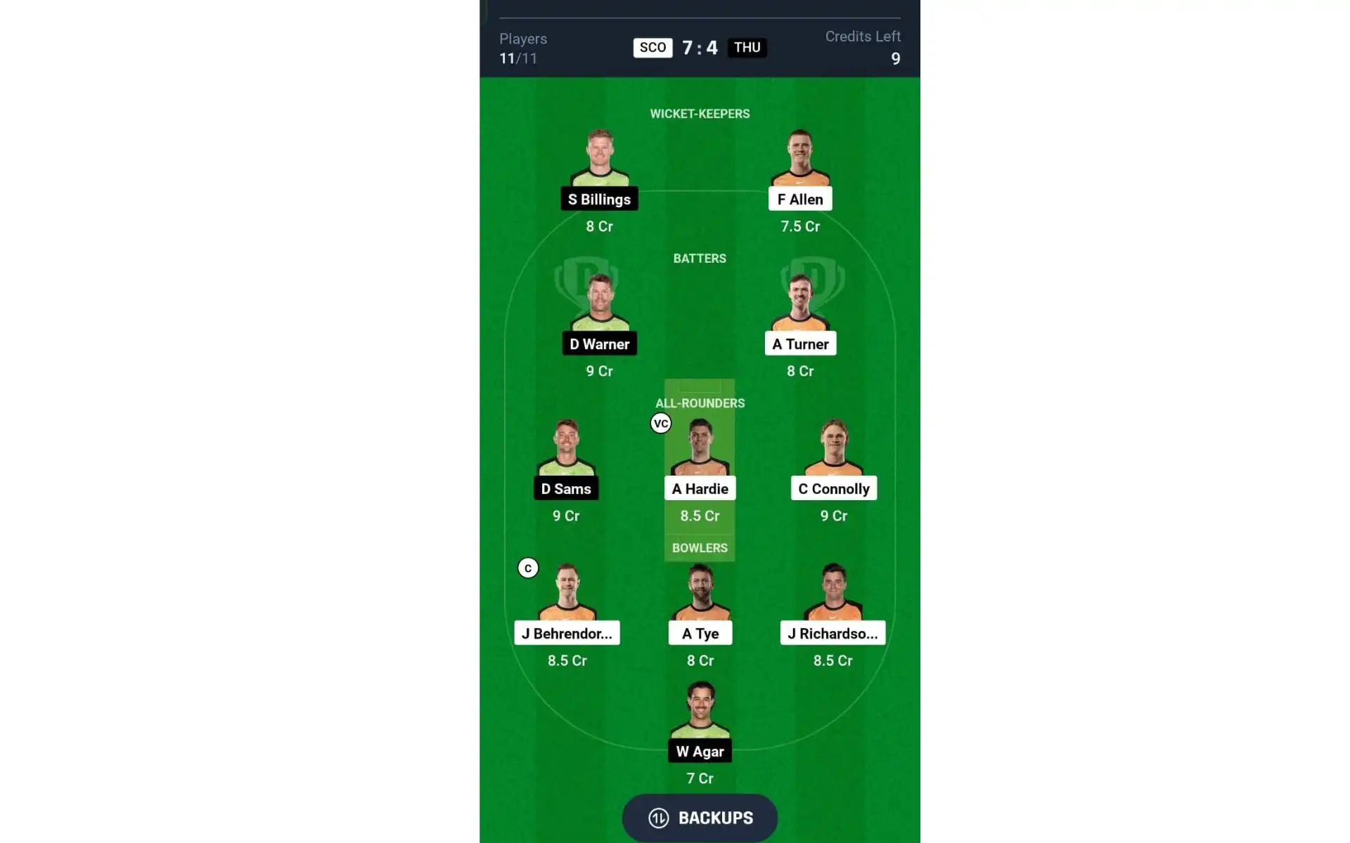 SCO vs THU, BBL 2024-25: Dream11 Team 2 [Source: @Dream11 App]