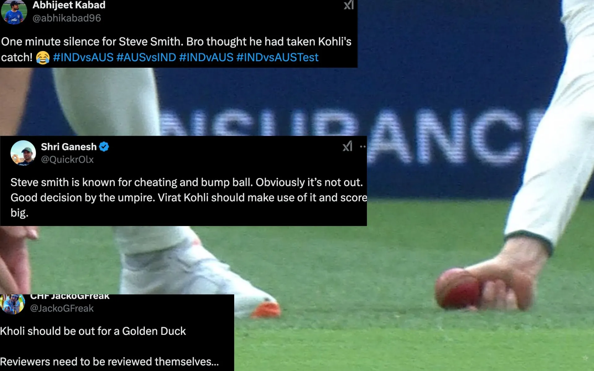 Steve Smith's catch of Virat Kohli overturned by TV umpire [Source: @QuickrOlx,@JackoGFreak,@abhikabad96/X.com]