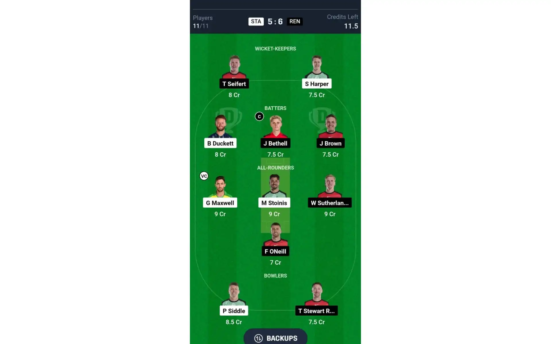 REN vs STA, BBL 2024-25: Dream11 Team 1 [Source: @Dream11 App]