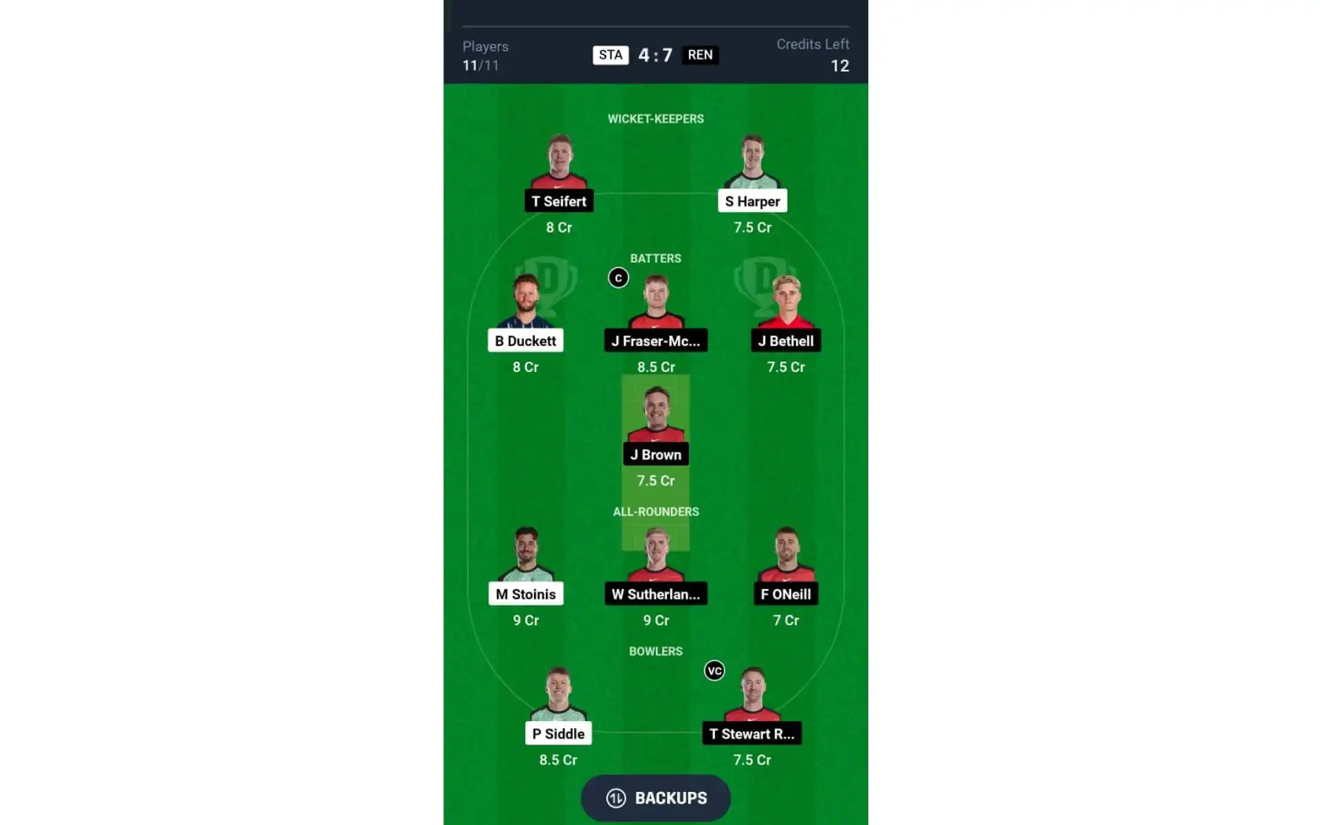 REN vs STA, BBL 2024-25: Dream11 Team 2 [Source: @Dream11 App]