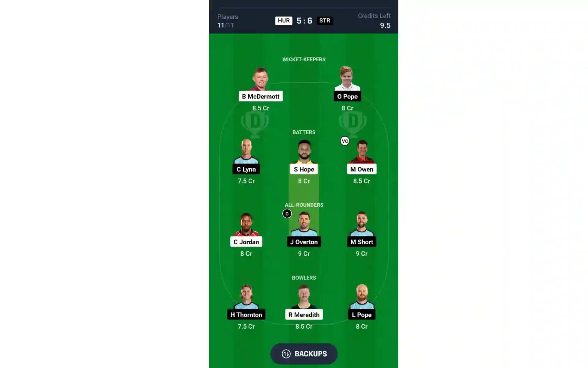 HUR vs STR, BBL 2024-25: Dream11 Team 1 [Source: @Dream11 App]