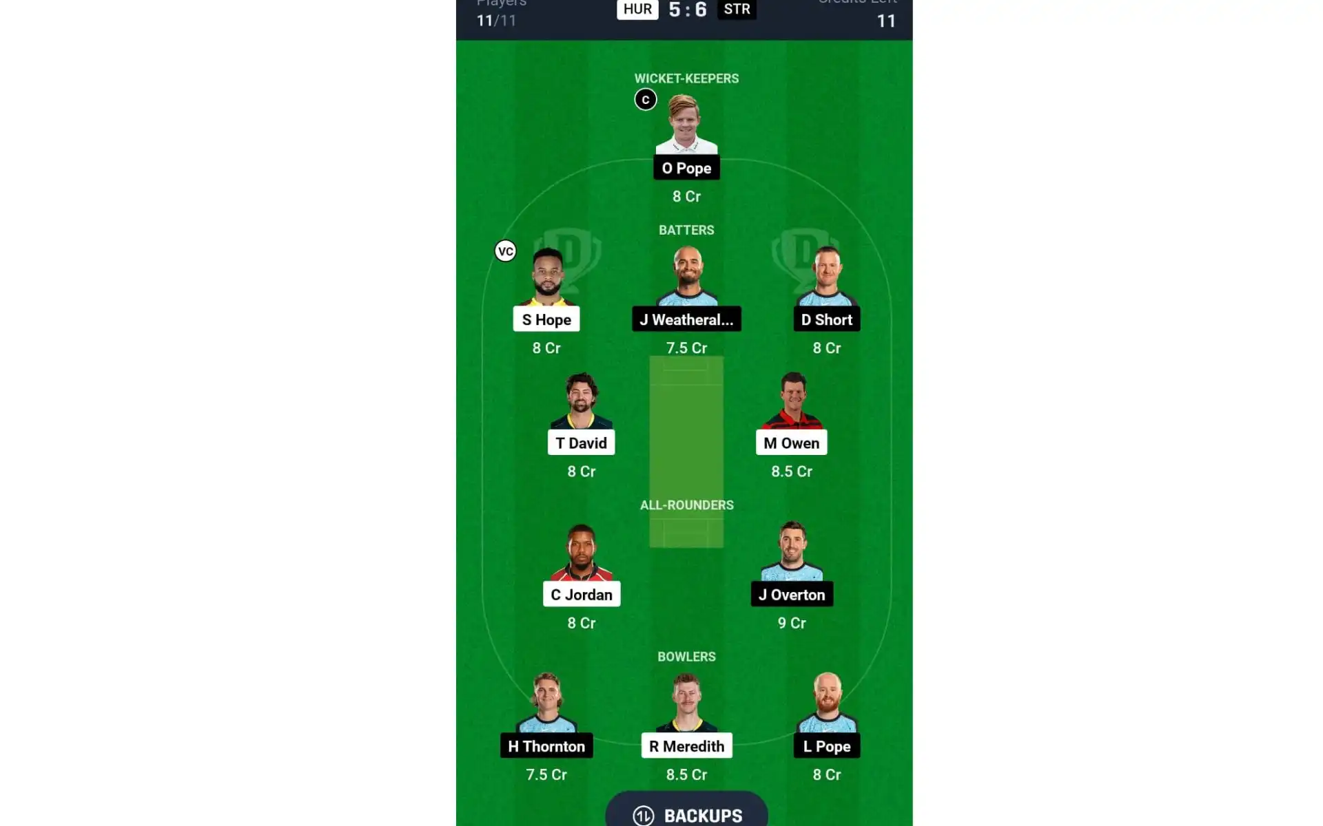 HUR vs STR, BBL 2024-25: Dream11 Team 1 [Source: @Dream11 App]