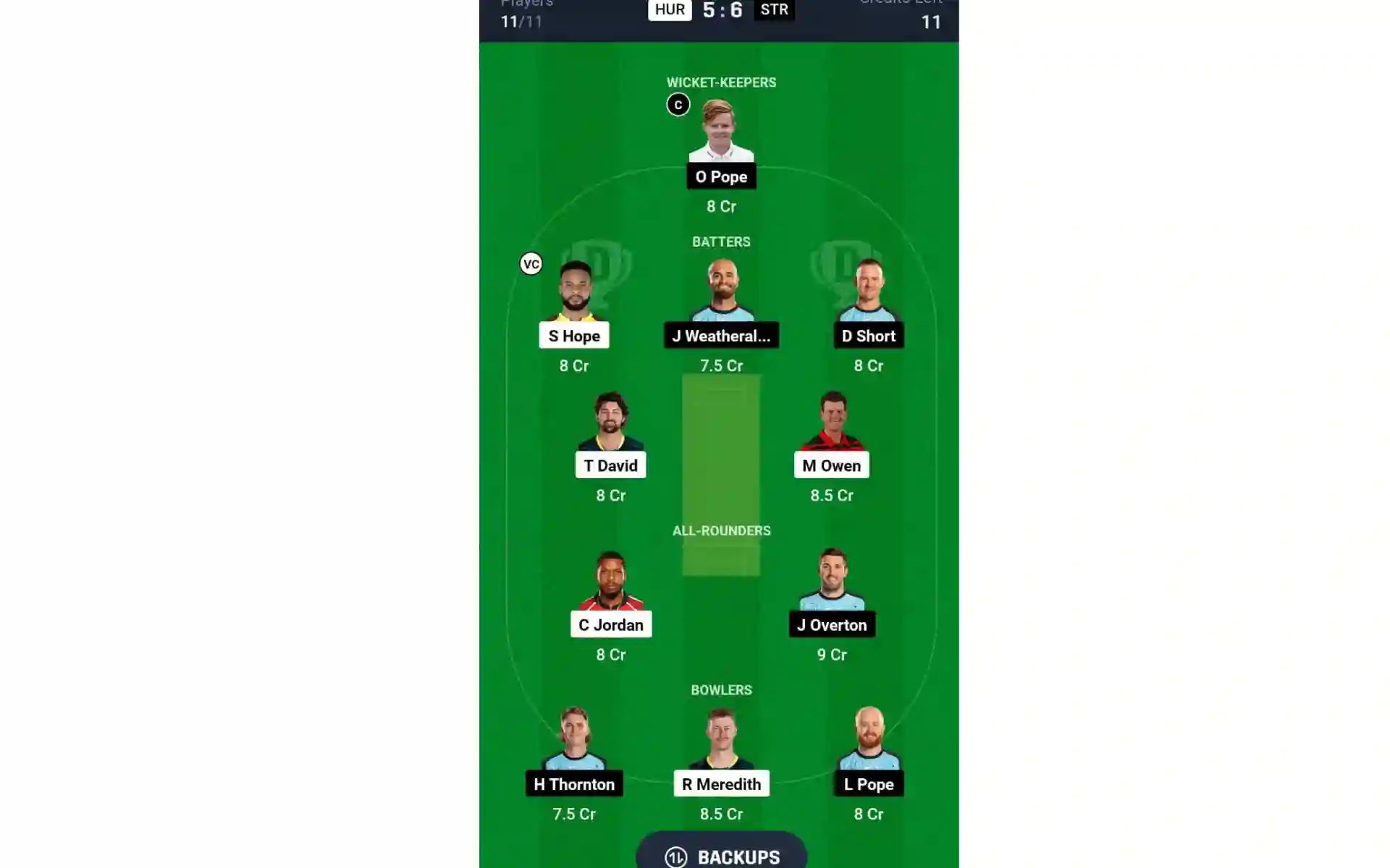 HUR vs STR, BBL 2024-25: Dream11 Team 1 [Source: @Dream11 App]