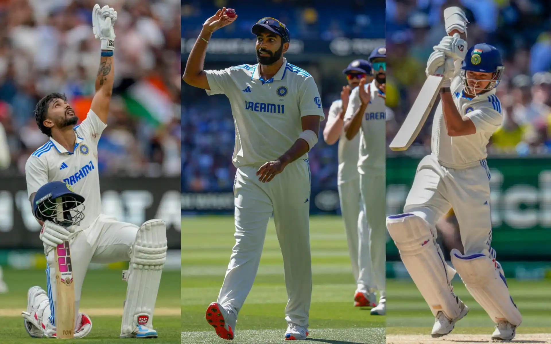 Nitish Kumar Reddy, Jasprit Bumrah and Yashasvi Jaiswal in BGT(AP Photos)
