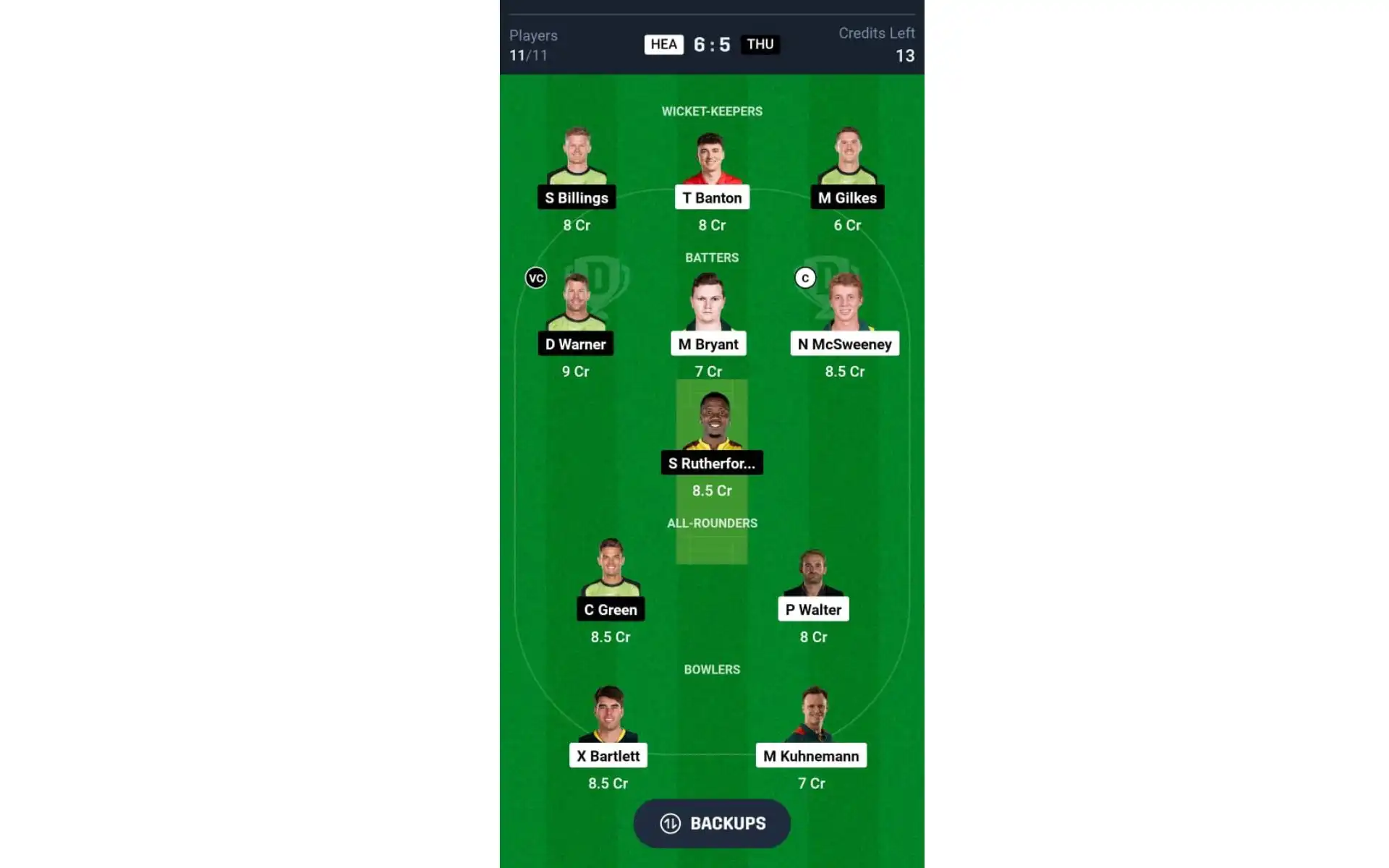 HEA vs THU, BBL 2024-25: Dream11 Team 1 [Source: @Dream11 App]