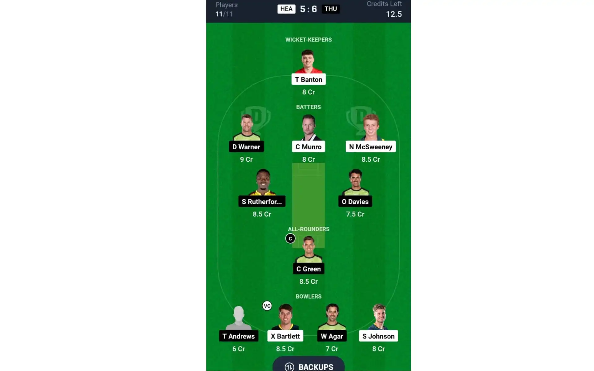 HEA vs THU, BBL 2024-25: Dream11 Team 1 [Source: @Dream11 App]