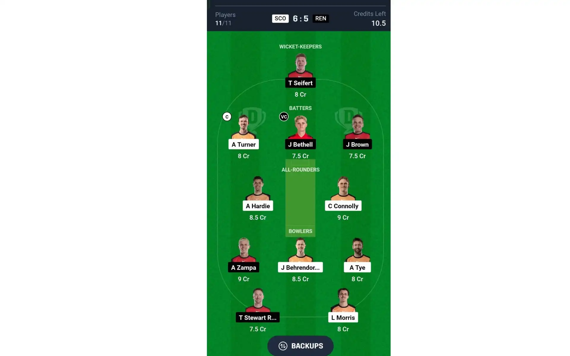 SCO vs REN, BBL 2024-25: Dream11 Team 1 [Source: @Dream11 App]