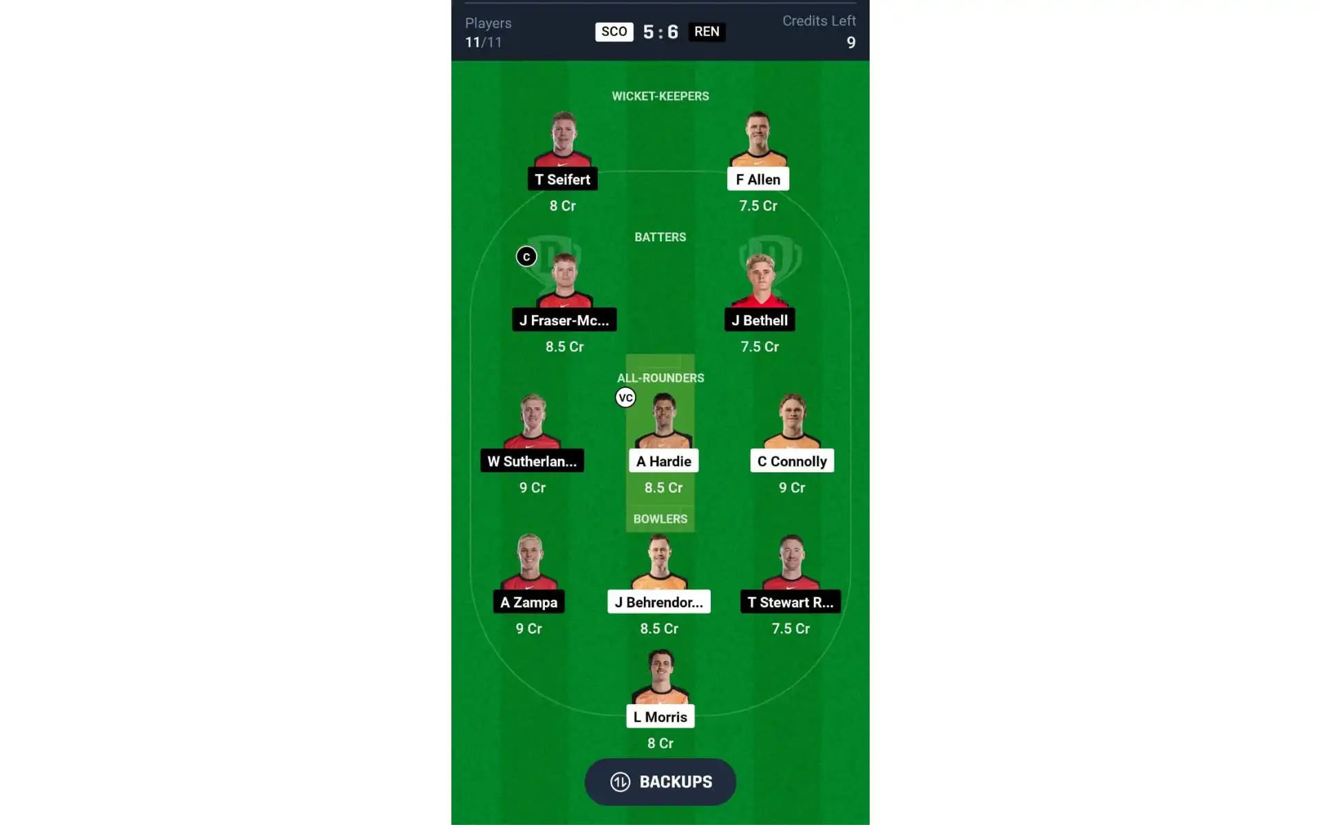 SCO vs REN, BBL 2024-25: Dream11 Team 2 [Source: @Dream11 App]