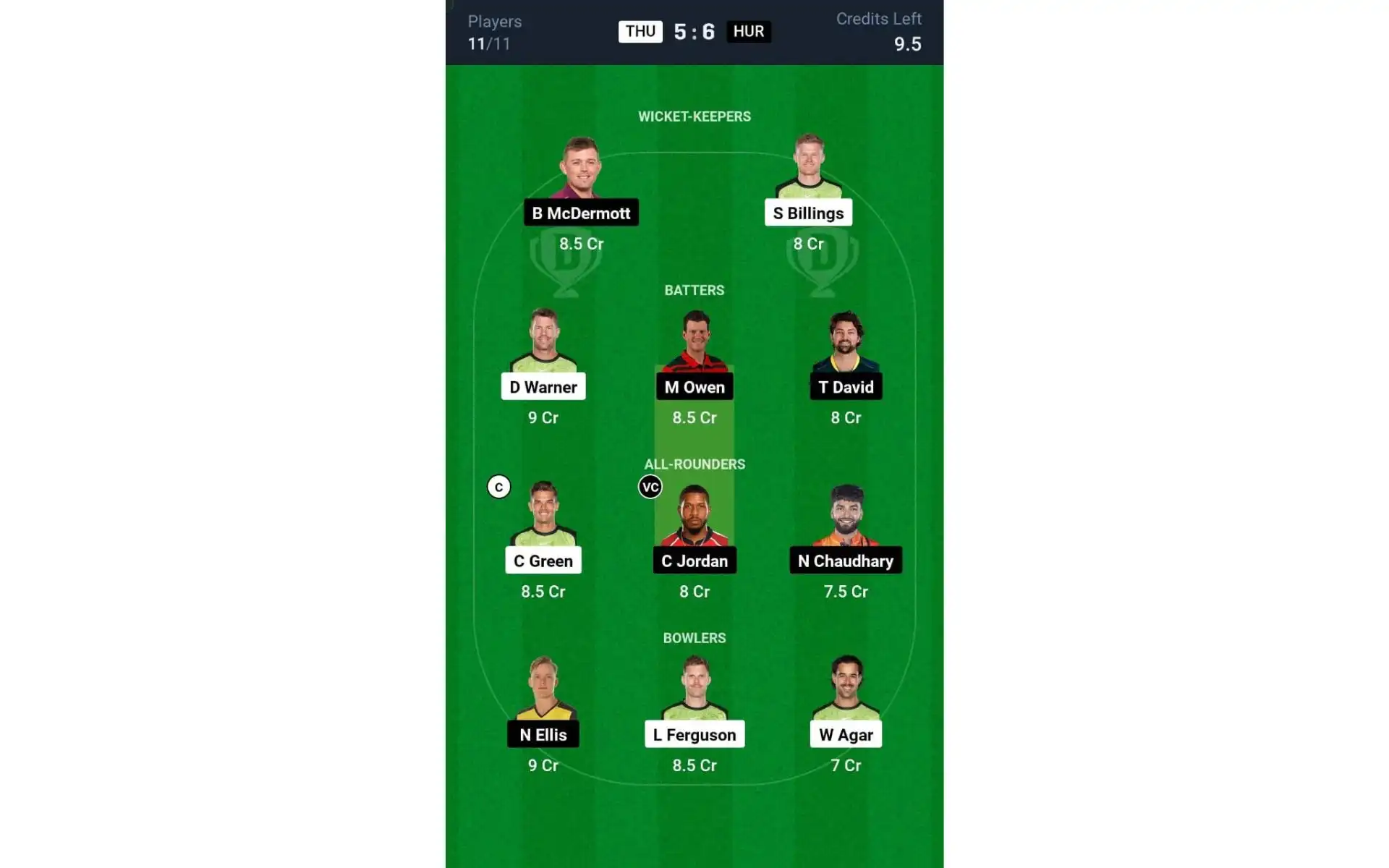 THU vs HUR, BBL 2024-25: Dream11 Team 1 [Source: @Dream11 App]