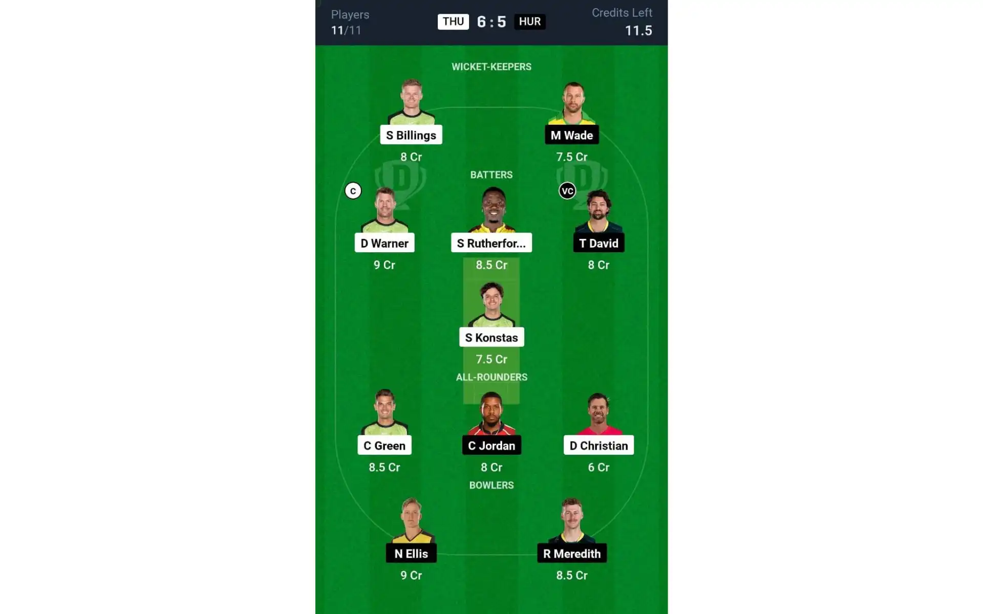 THU vs HUR, BBL 2024-25: Dream11 Team 2 [Source: @Dream11 App]
