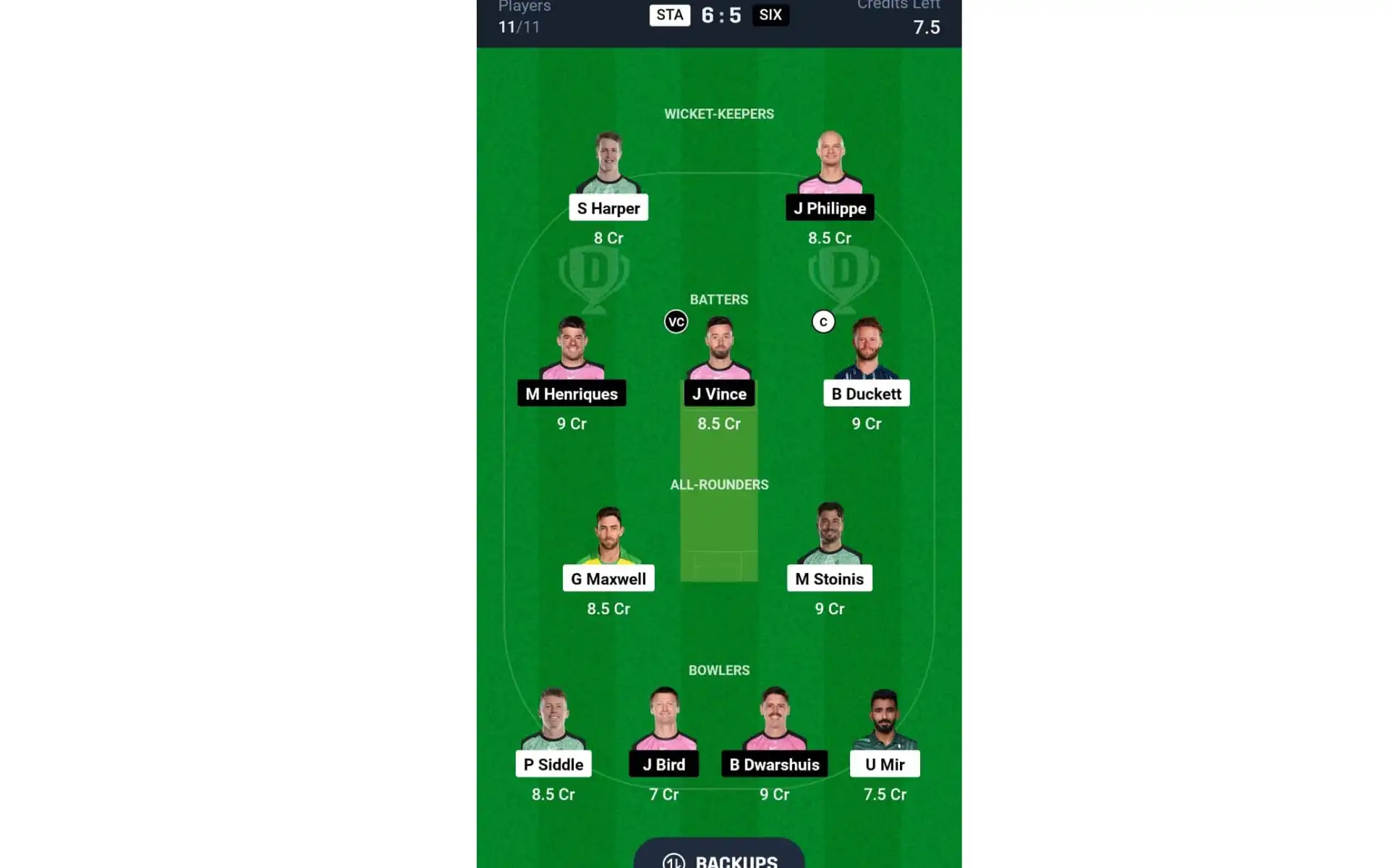 STA vs SIX, Match 28: Dream11 Team 1 [Source: @Dream11 App]