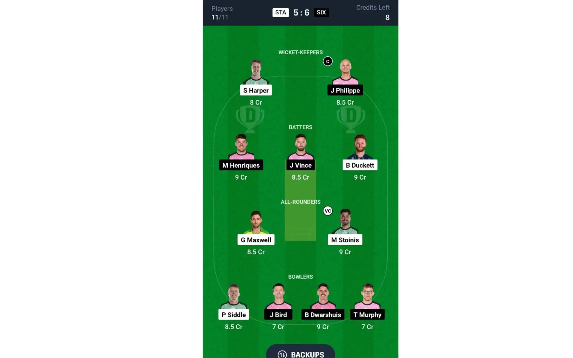STA vs SIX, Match 28: Dream11 Team 2 [Source: @Dream11 App]