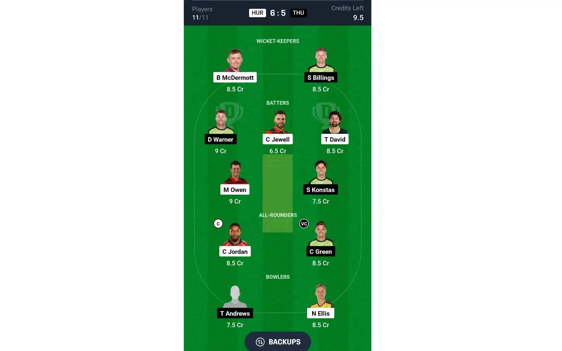 HUR vs THU, BBL 2024-25: Dream11 Team 1 [Source: @Dream11 App]