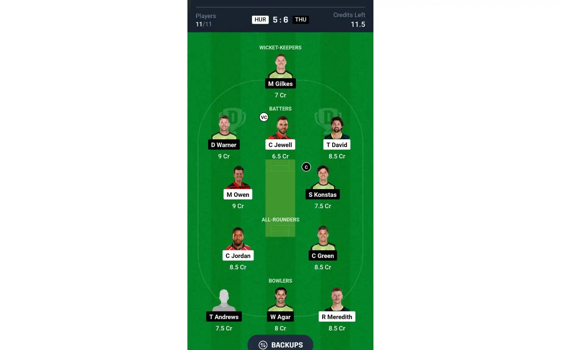 HUR vs THU, BBL 2024-25: Dream11 Team 2 [Source: @Dream11 App]