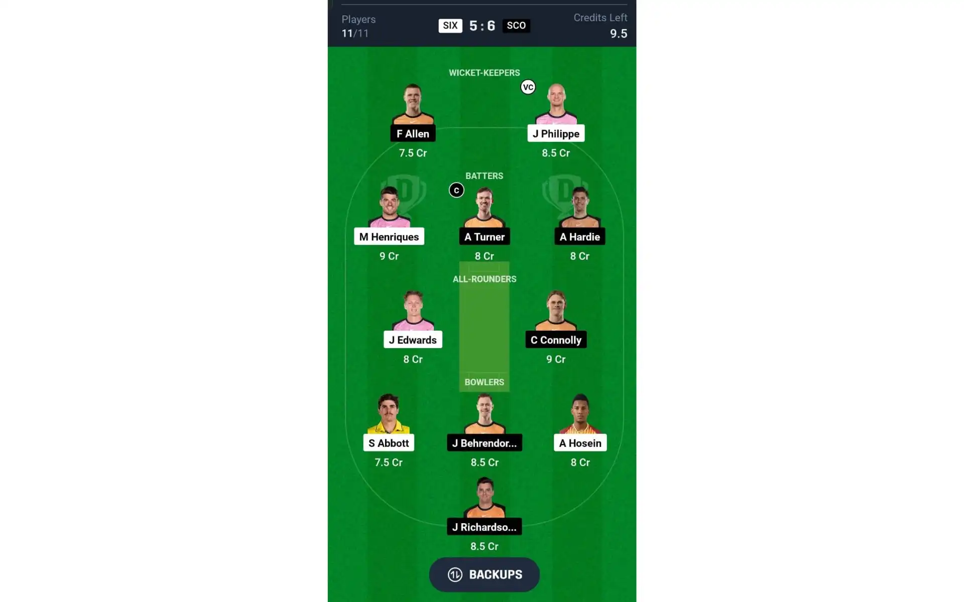 SIX vs SCO, BBL 2024-25: Dream11 Team 1 [Source: @Dream11 App]