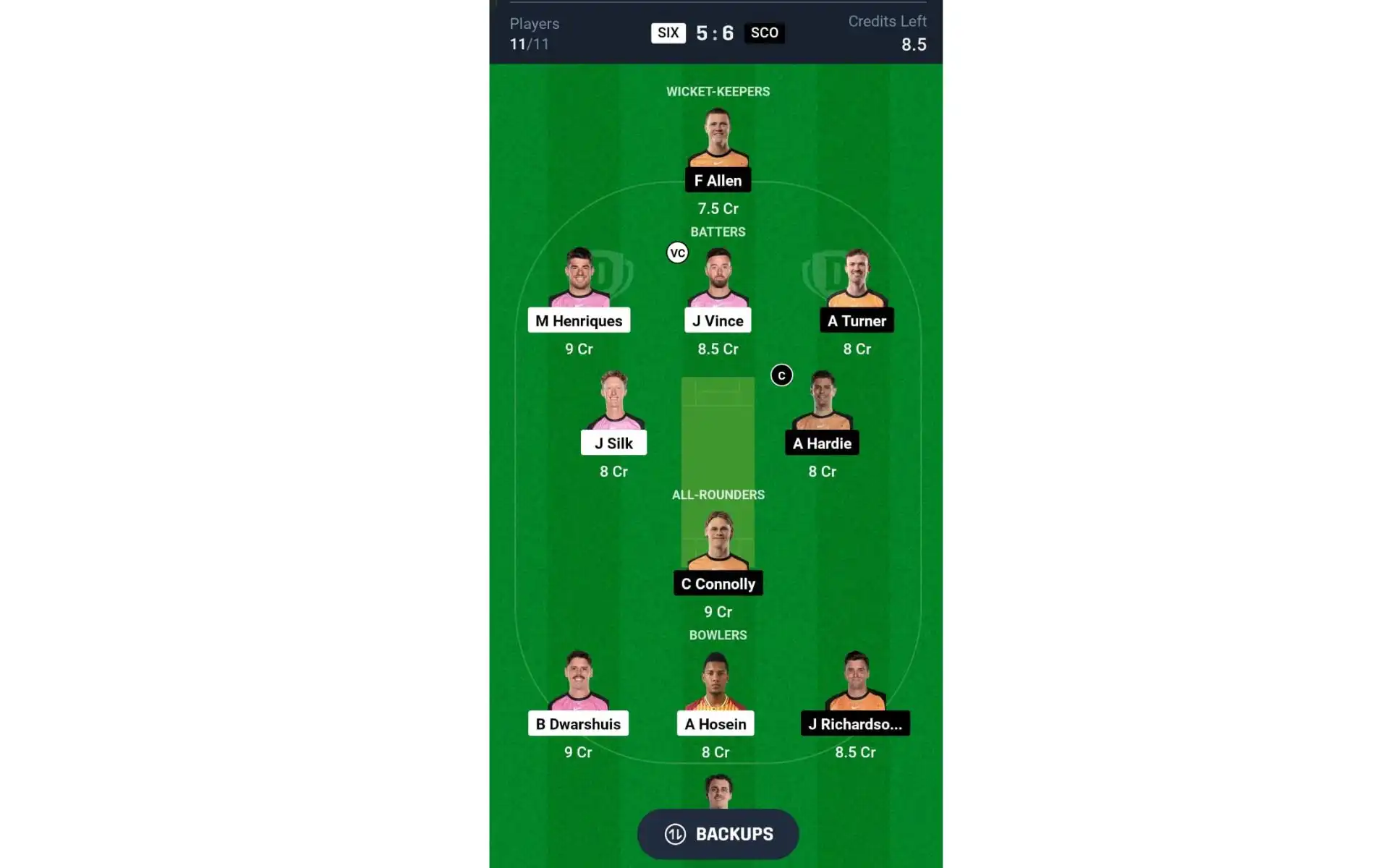 SIX vs SCO, BBL 2024-25: Dream11 Team 2 [Source: @Dream11 App]