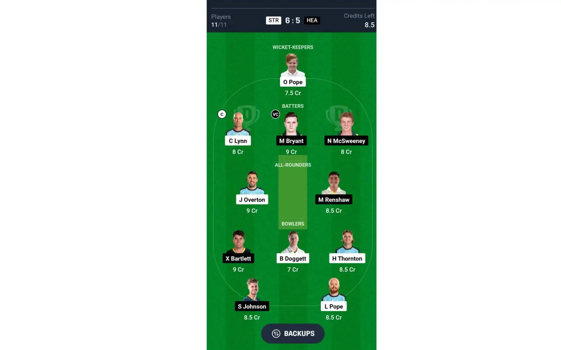 STR vs HEA, BBL 2024-25: Dream11 Team 1 [Source: @Dream11 App]