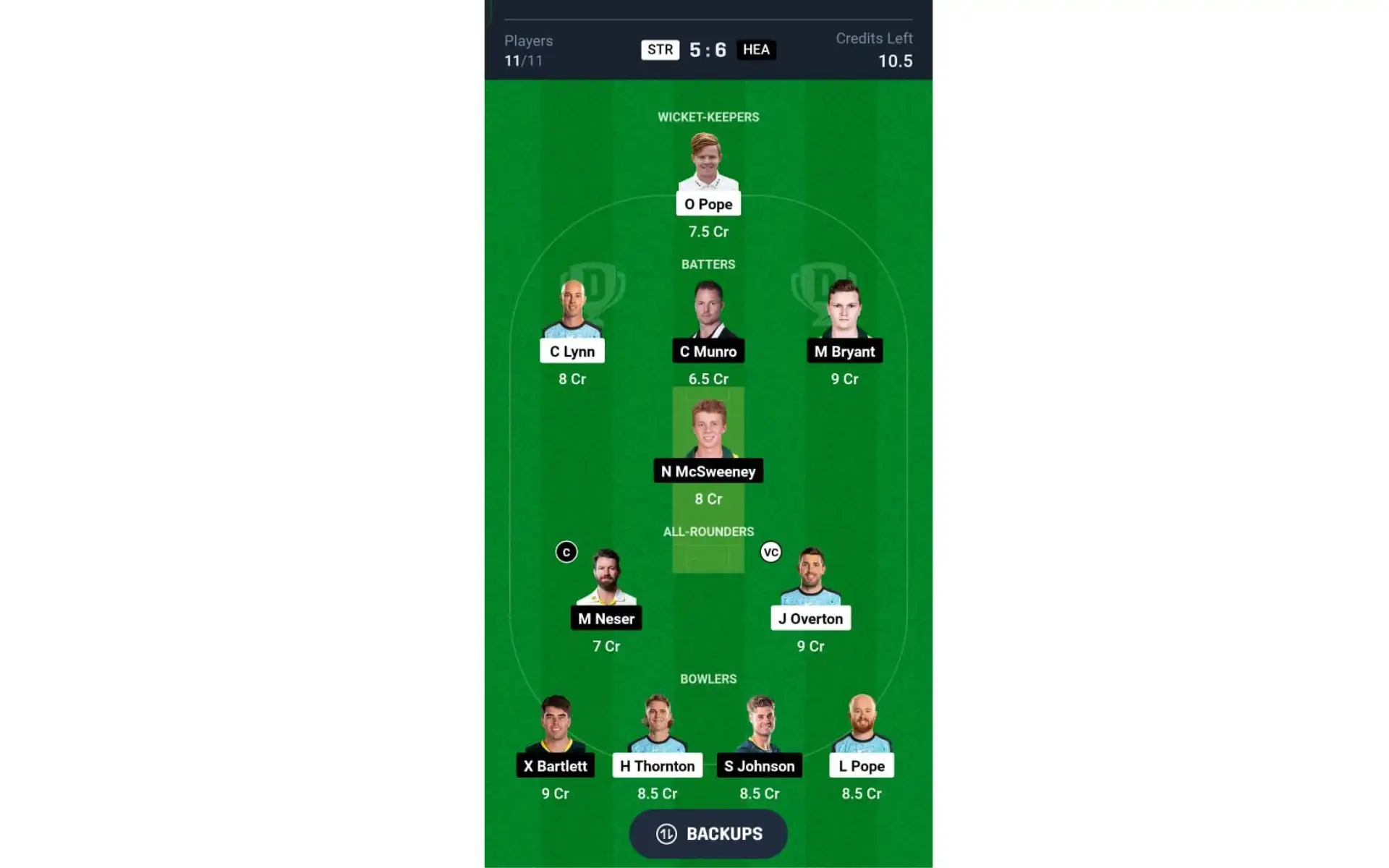 STR vs HEA, BBL 2024-25: Dream11 Team 2 [Source: @Dream11 App]