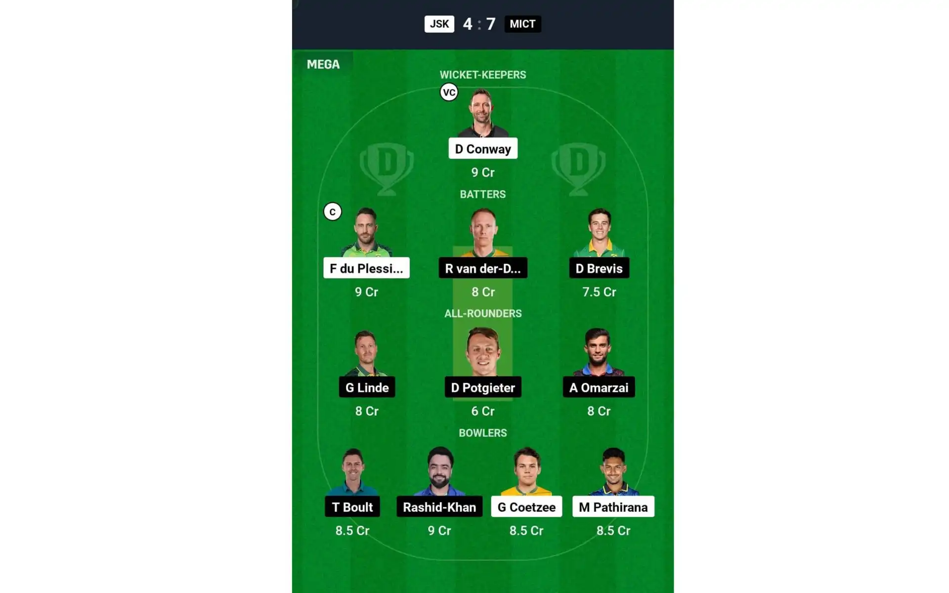 JSK vs MICT, SA20 2025: Dream11 Team 1 [Source: @Dream11 App]