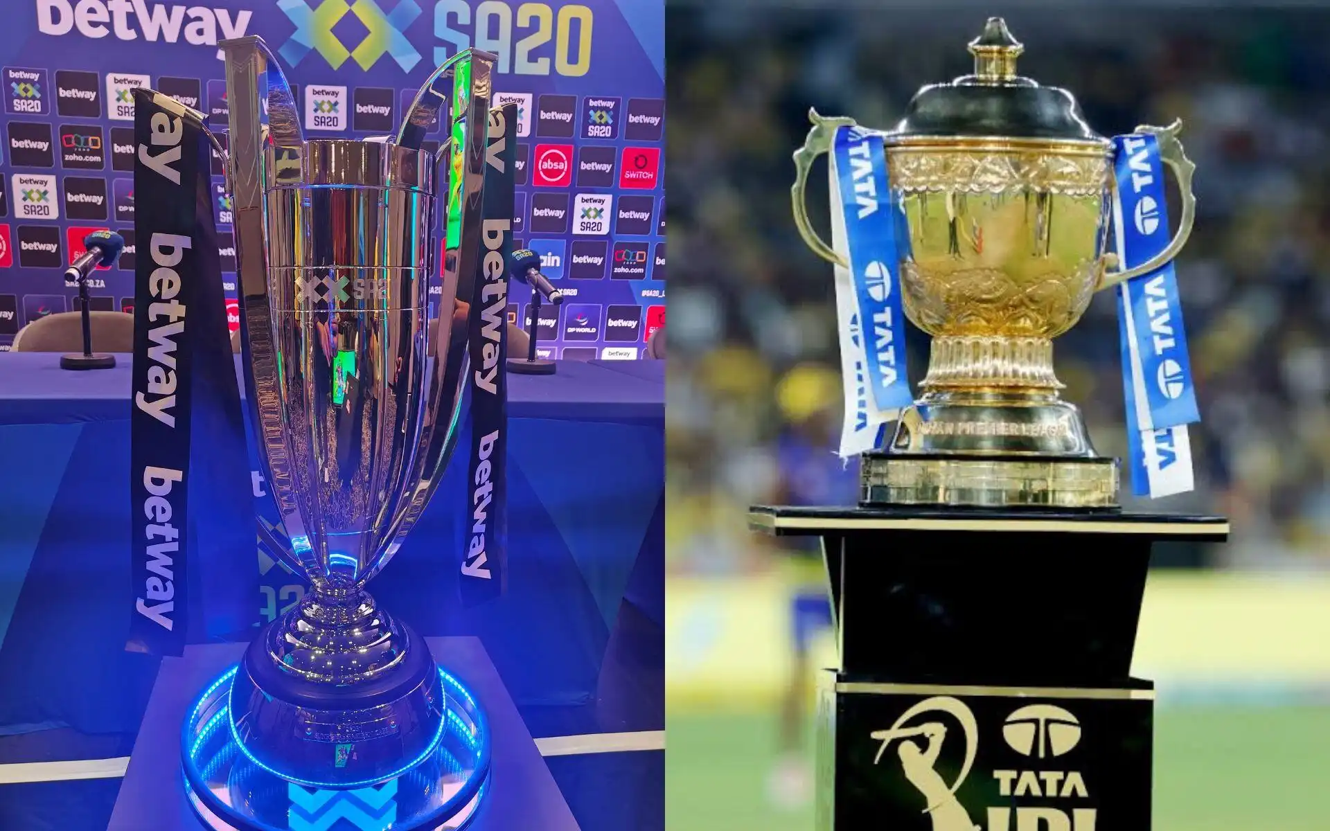 SA20 Trophy and IPL Trophy [Source: @pmtarun, @mufaddal_vohra/x.com]