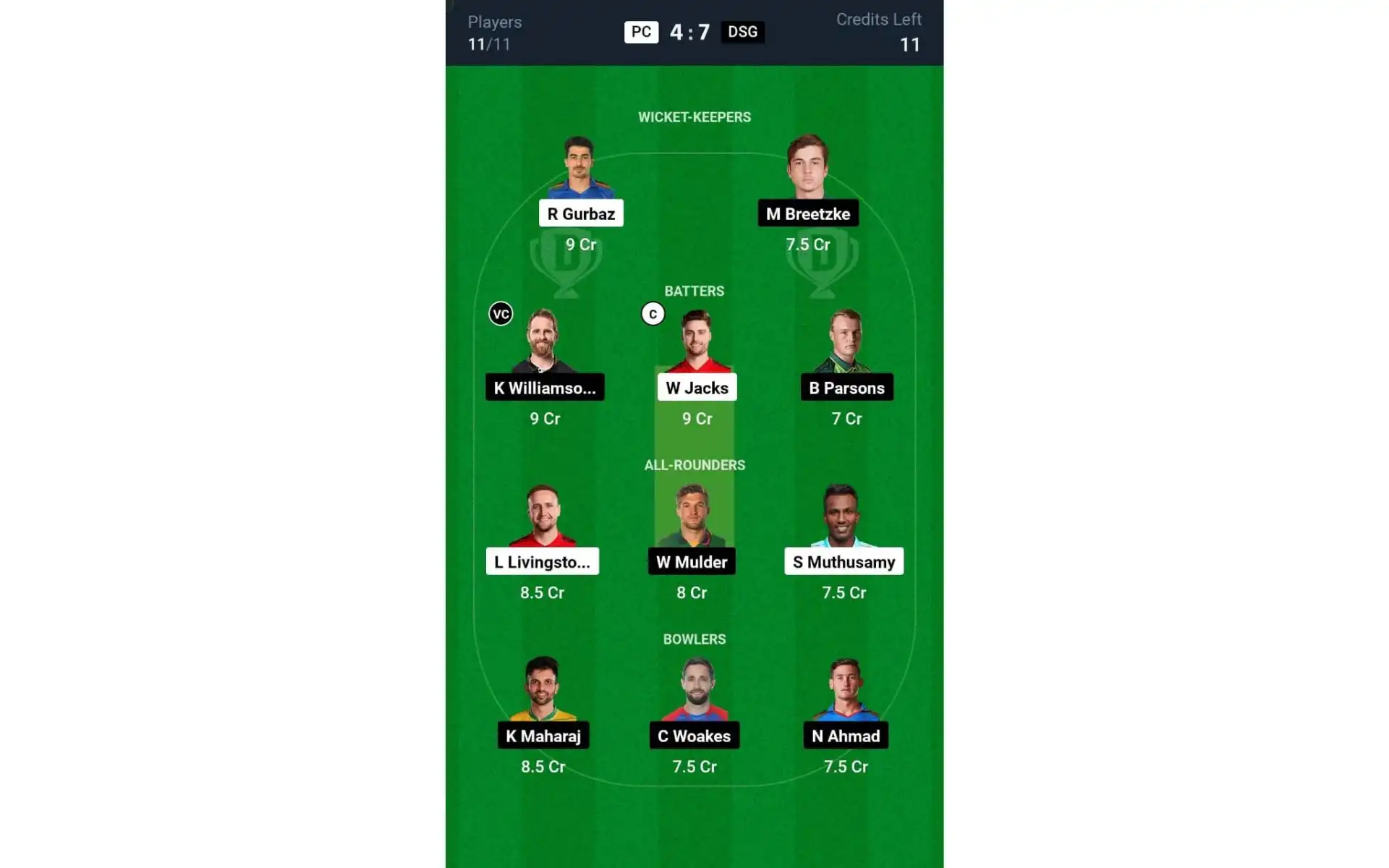 PC vs DSG, SA20 2025: Dream11 Team 1 [Source: @Dream11 App]