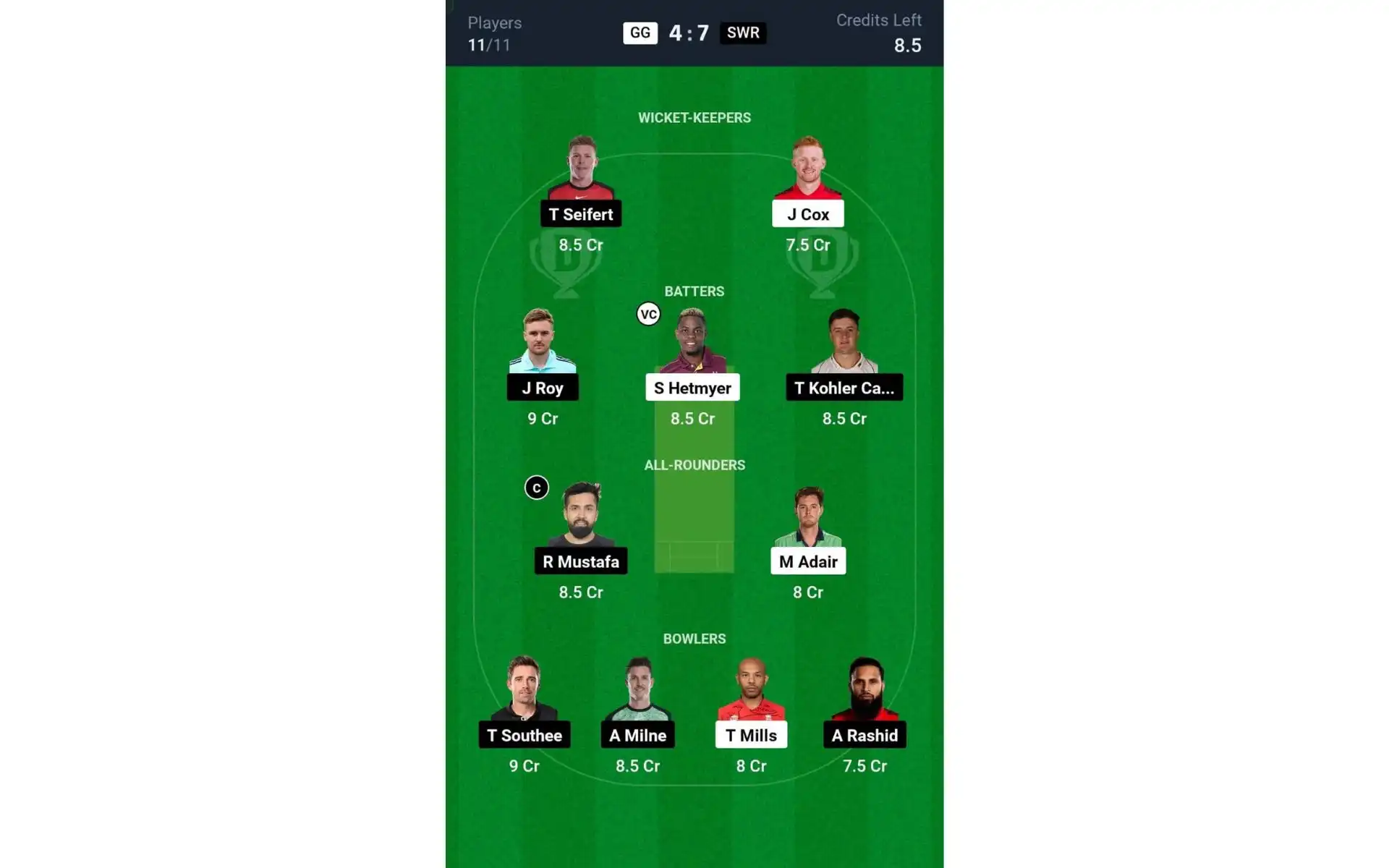 GG vs SWR, ILT20 2025: Dream11 Team 1 [Source: @Dream11 App]