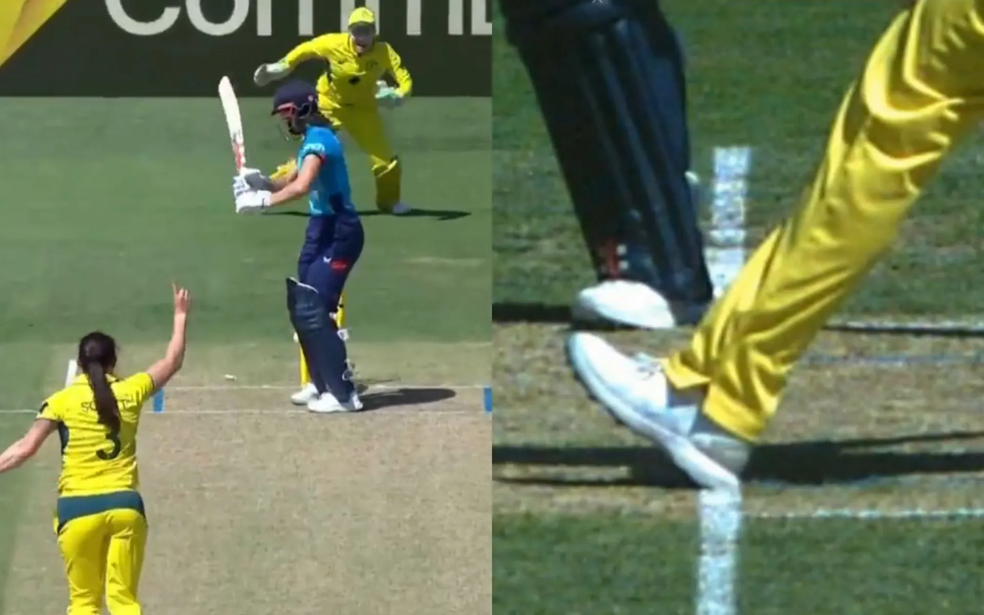 Maia Bouchier gets a lifeline from Megan Schutt's no-ball delivery [Source: @cricketcomau/X.com]