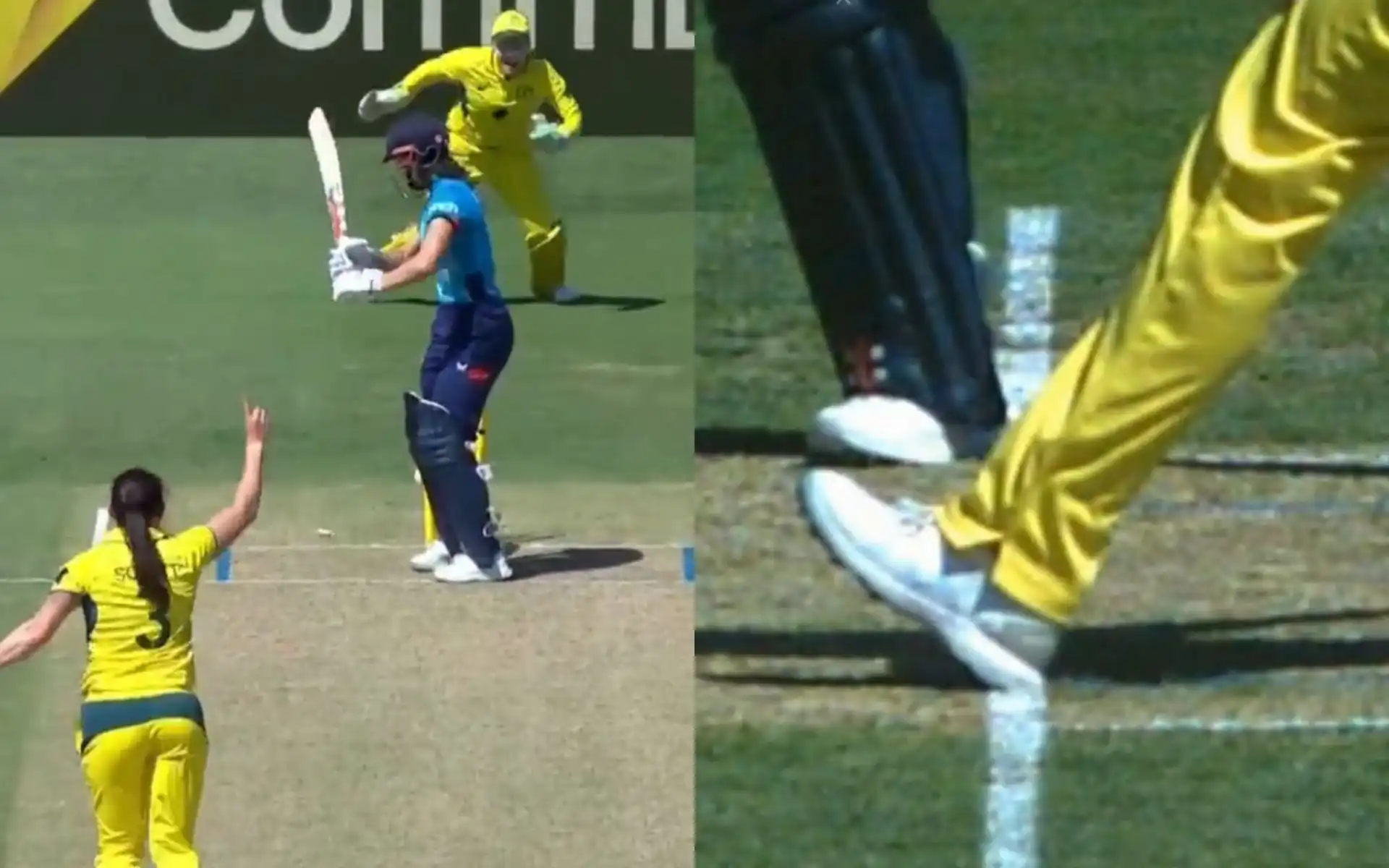 Maia Bouchier gets a lifeline from Megan Schutt's no-ball delivery [Source: @cricketcomau/X.com]