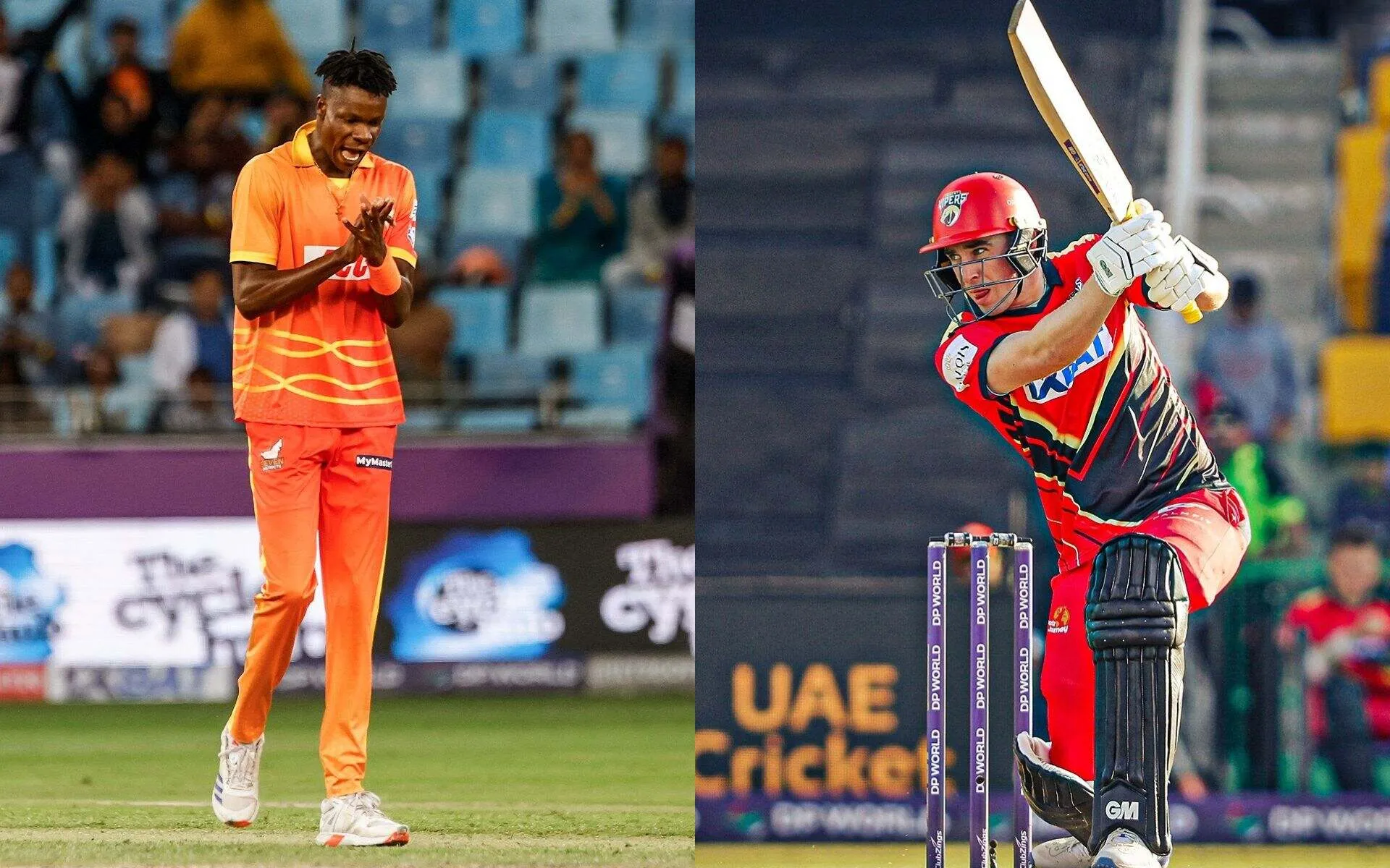 Blessing Muzarabani and Dan Lawrence (Source: @GulfGiants/X.com, @TheDesertVipers/X.com)