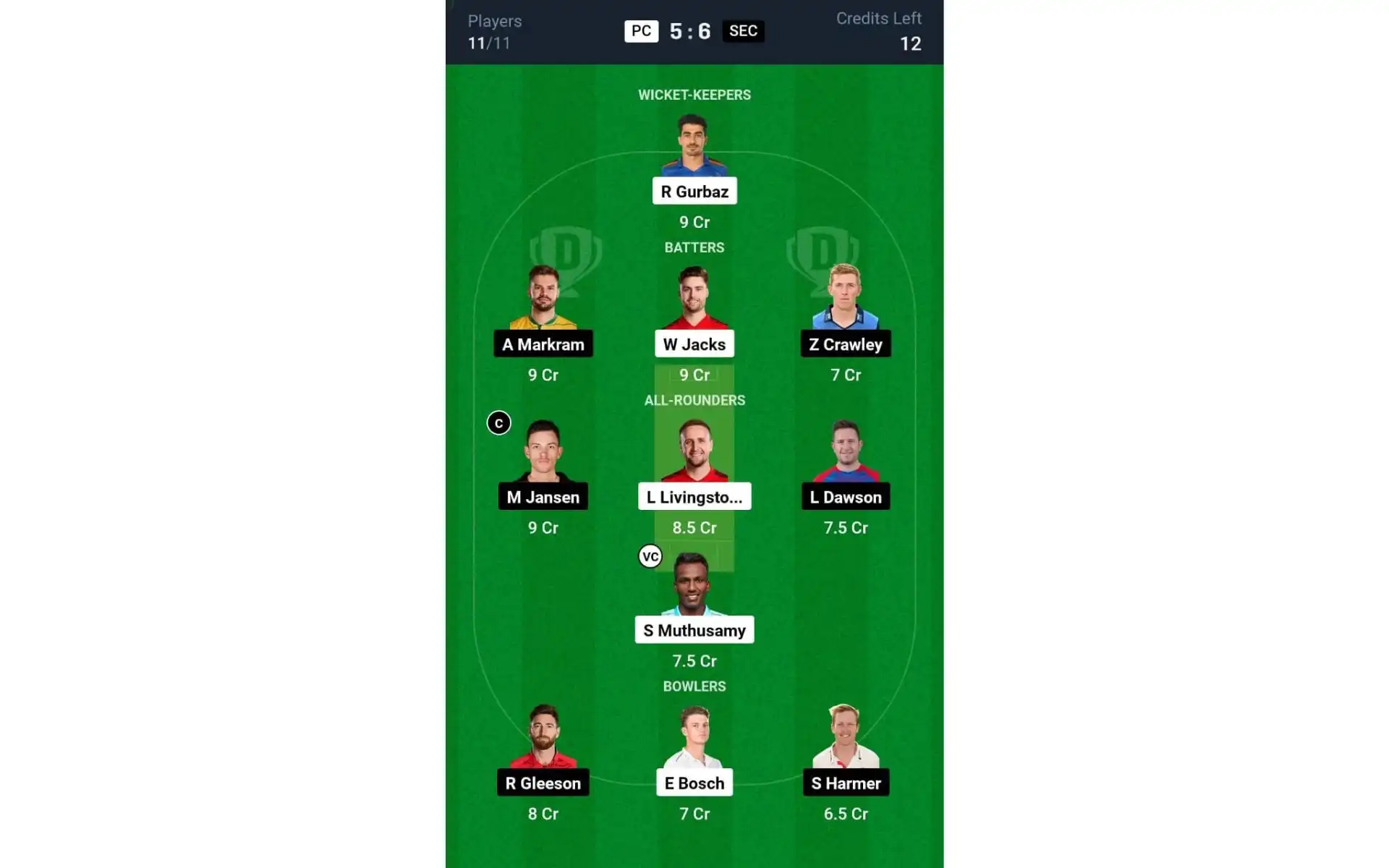 PC vs SEC, SA20 2025: Dream11 Team 1 [Source: @Dream11 App]
