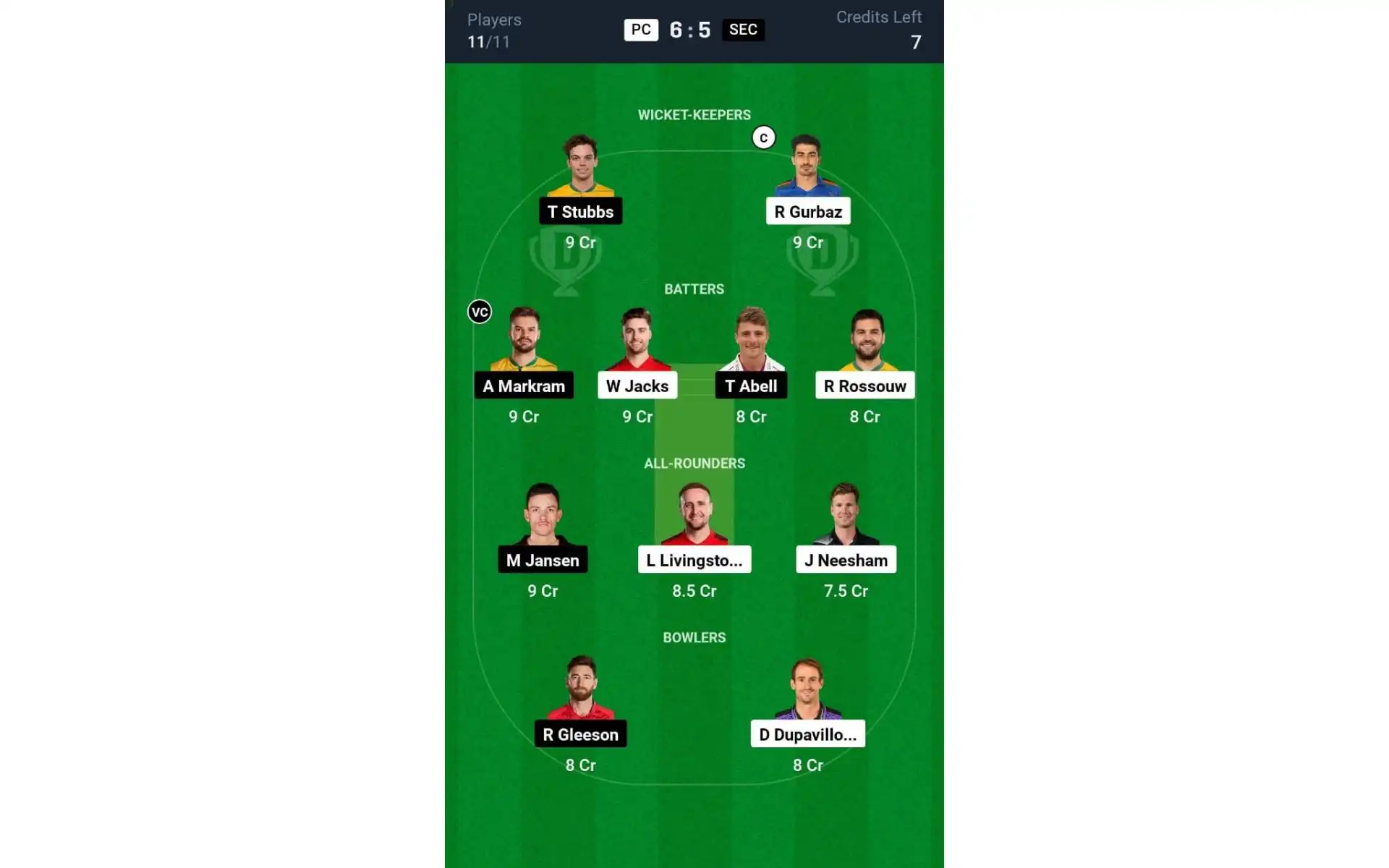 PC vs SEC, SA20 2025: Dream11 Team 2 [Source: @Dream11 App]