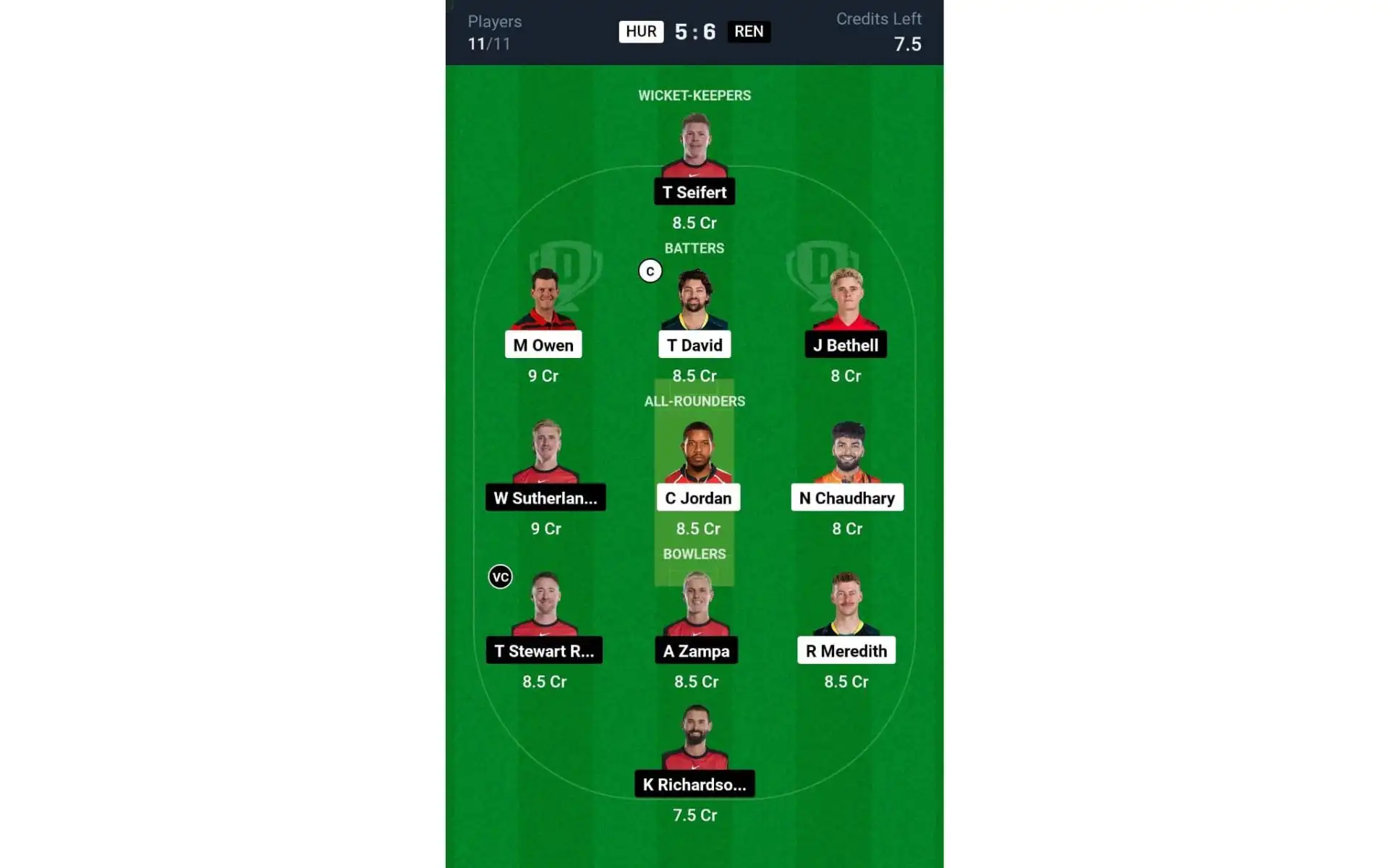 HUR vs REN, BBL 2024-25: Dream11 Team 1 [Source: @Dream11 App]