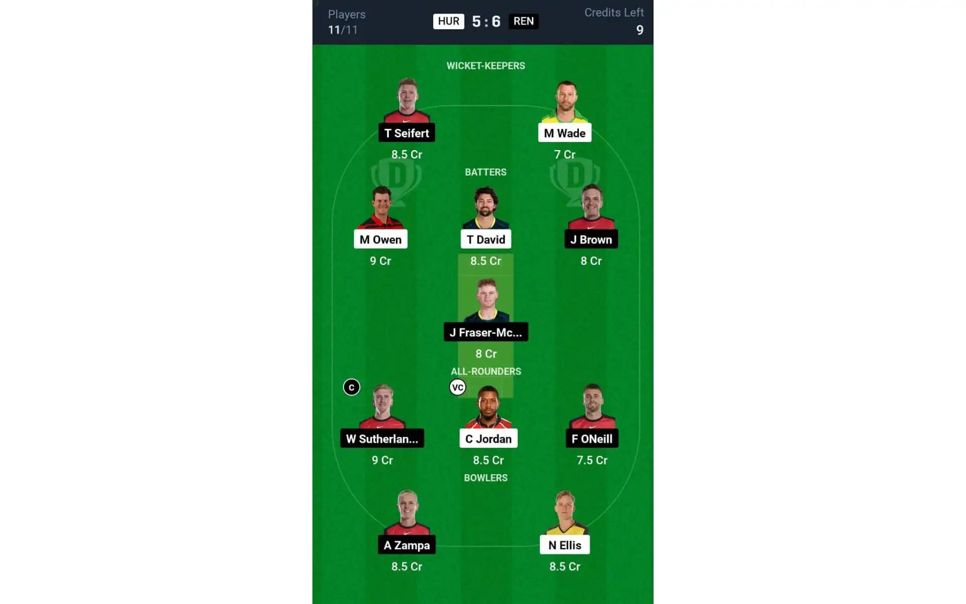 HUR vs REN, BBL 2024-25: Dream11 Team 2 [Source: @Dream11 App]