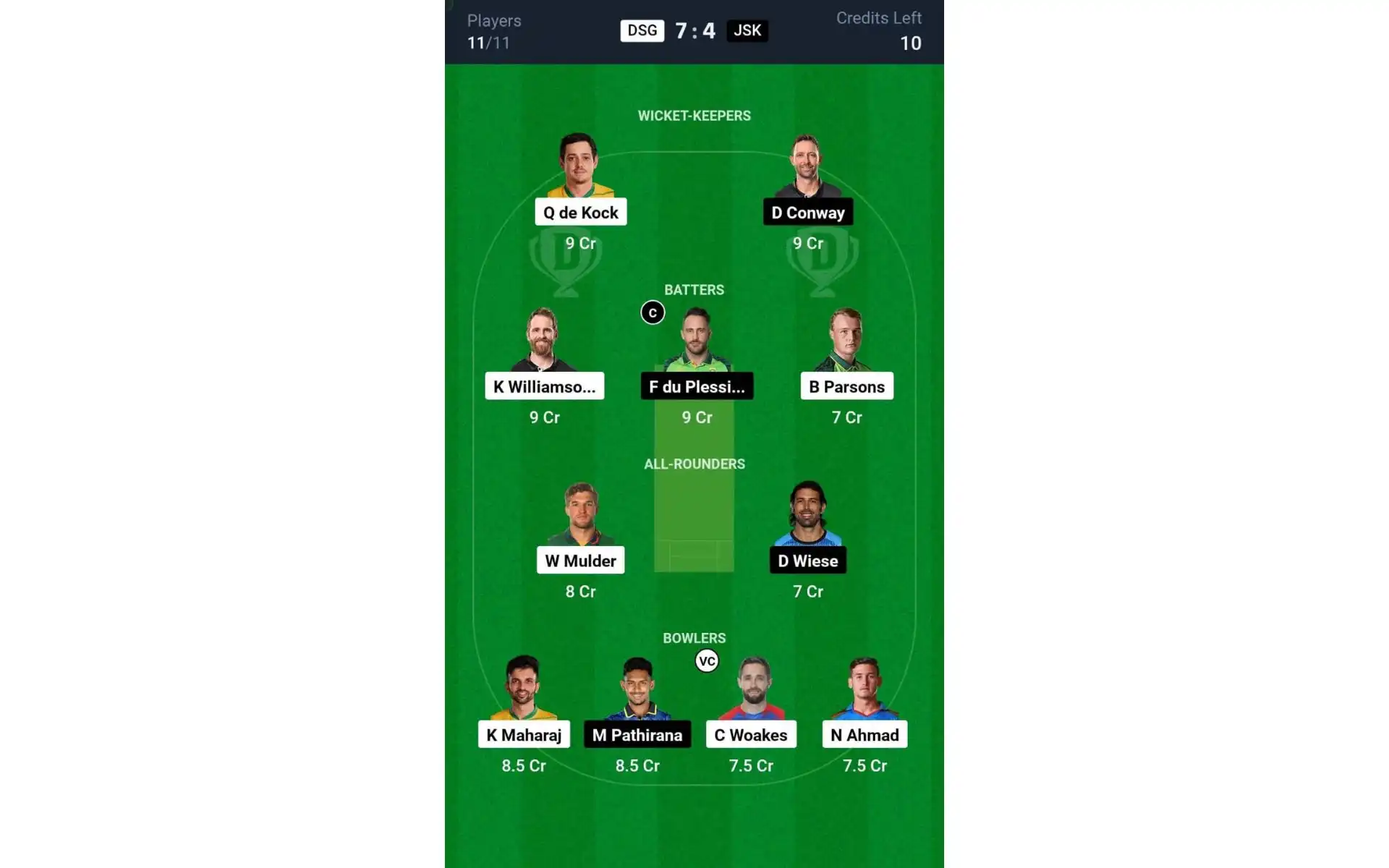 DSG vs JSK, SA20 2025: Dream11 Team 1 [Source: @Dream11 App]