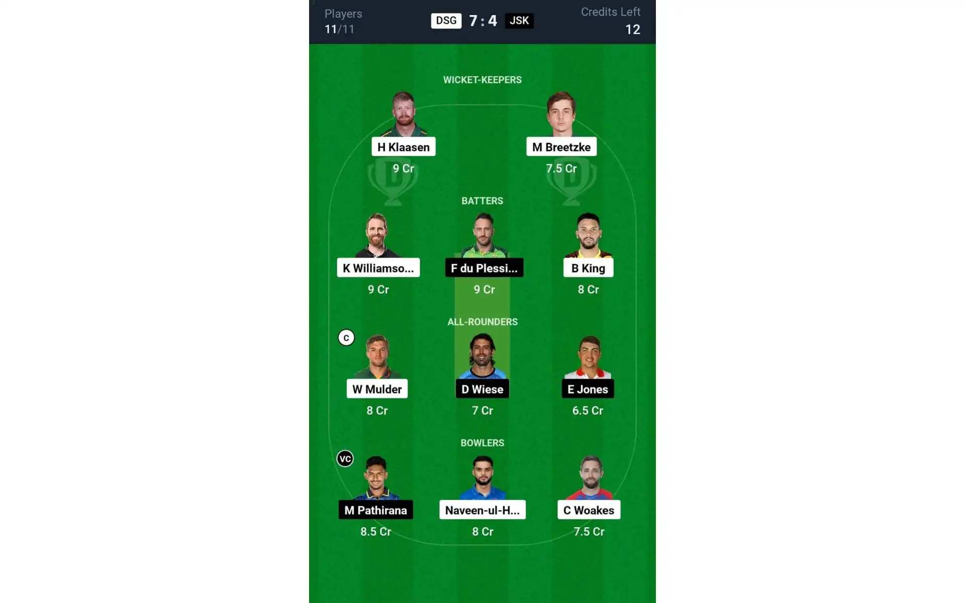 DSG vs JSK, SA20 2025: Dream11 Team 2 [Source: @Dream11 App]