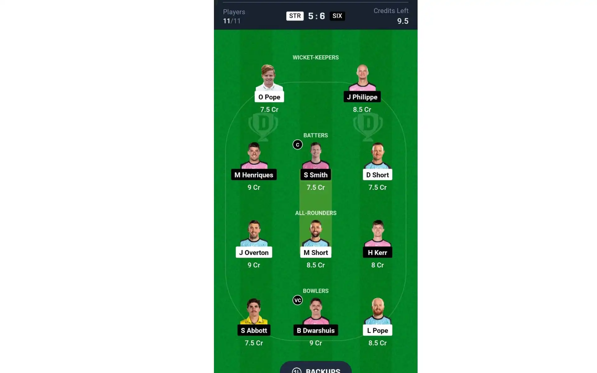 STR vs SIX, BBL 2024-25: Dream11 Team 1 [Source: @Dream11 App]