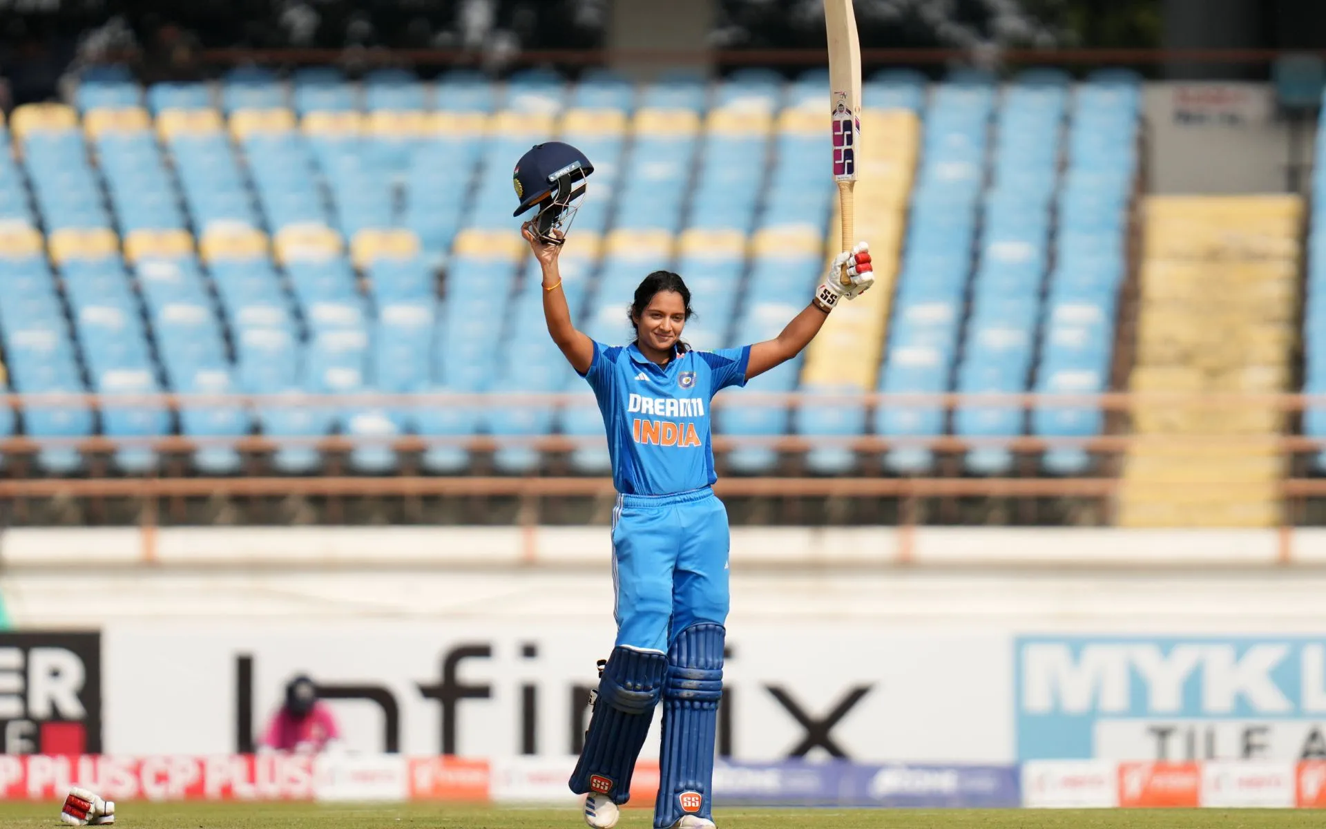 Pratika Rawal celebrates maiden ODI century. [Source: @BCCIWomen/X]
