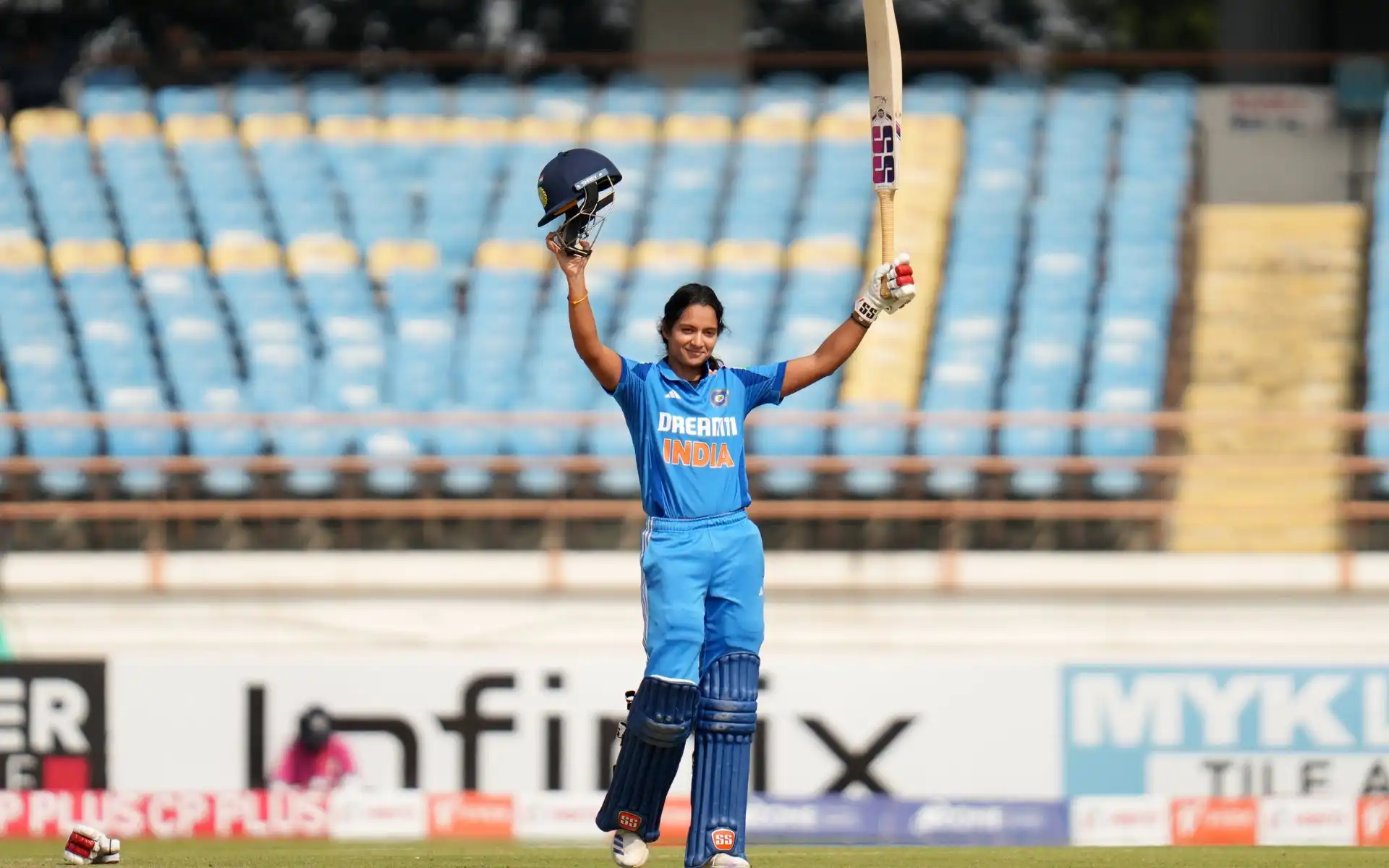 Pratika Rawal celebrates maiden ODI century. [Source: @BCCIWomen/X]