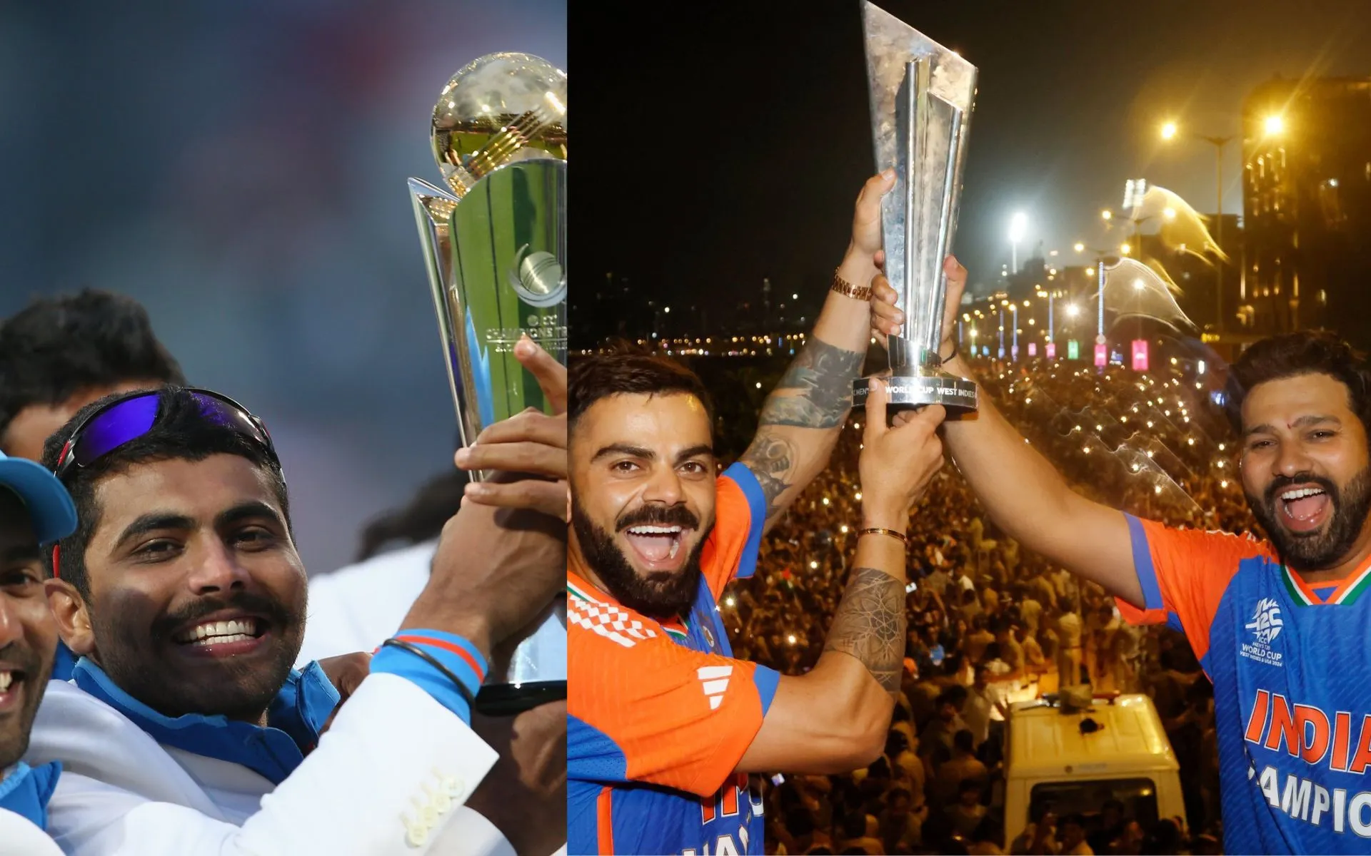 Ravindra Jadeja, Virat Kohli and Rohit Sharma [Source: @ImTanujSingh, @ICC/x.com]