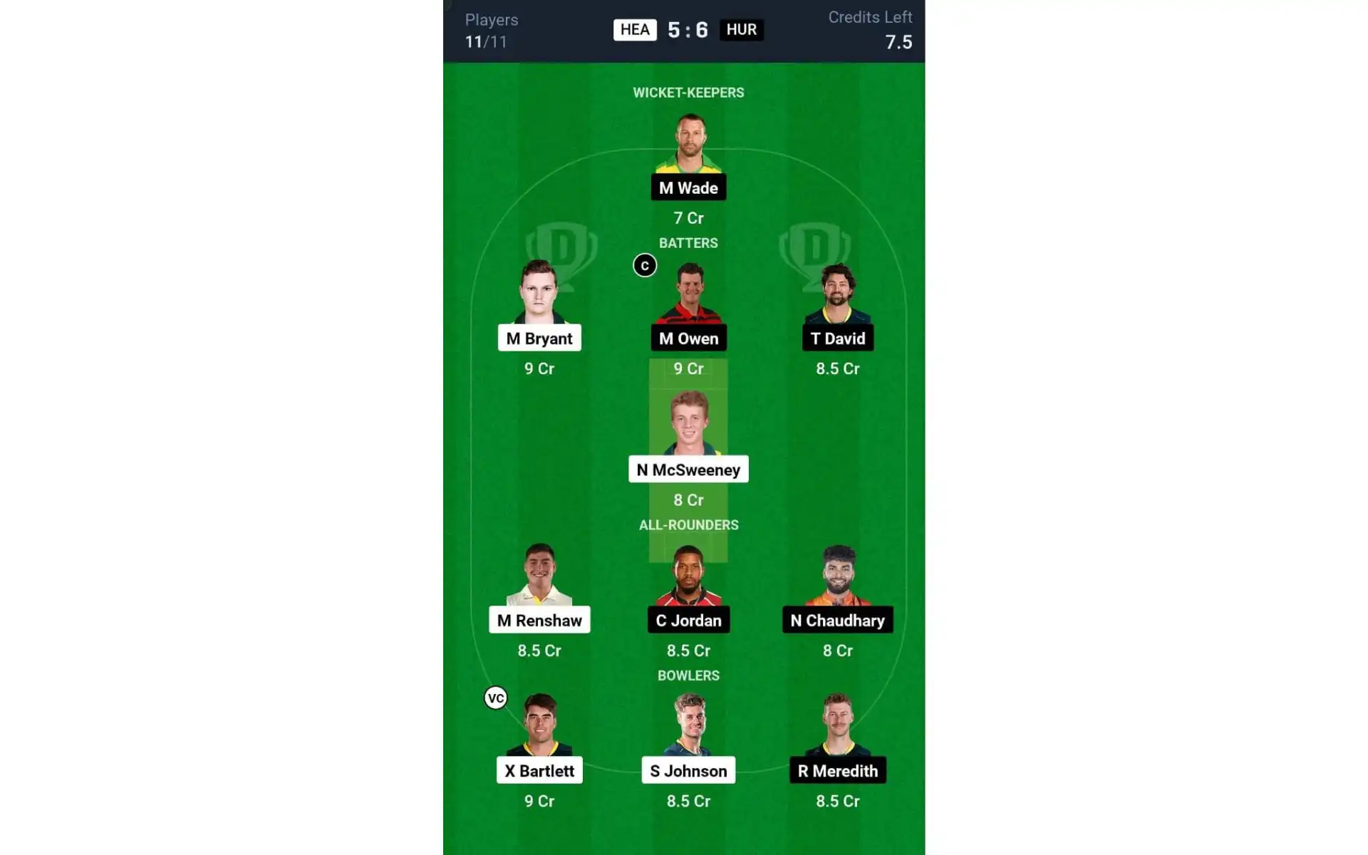 HEA vs HUR, BBL 2024-25: Dream11 Team 1 [Source: @Dream11 App]