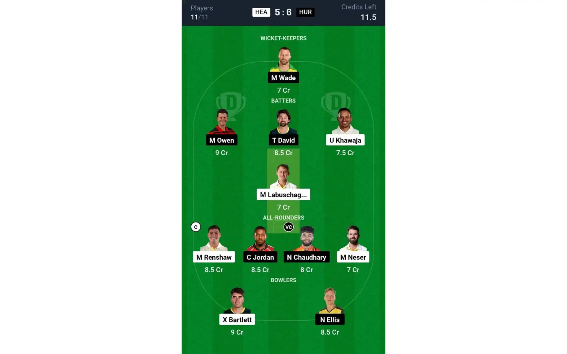 HEA vs HUR, BBL 2024-25: Dream11 Team 2 [Source: @Dream11 App]