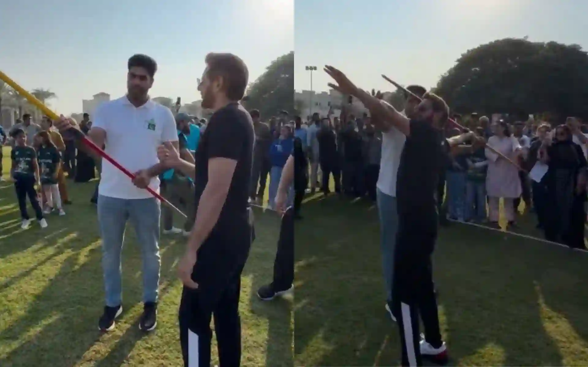 Shahid Afridi learns Javelin throw from Arshad Nadeem [Source: @ahtashamriaz22/X.com]