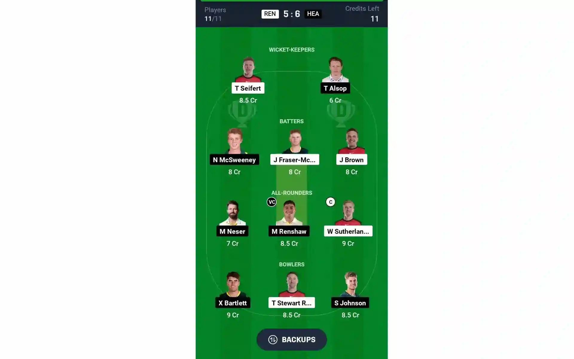 REN vs HEA, BBL 2024-25: Dream11 Team 2 (Source: @Dream11 App)