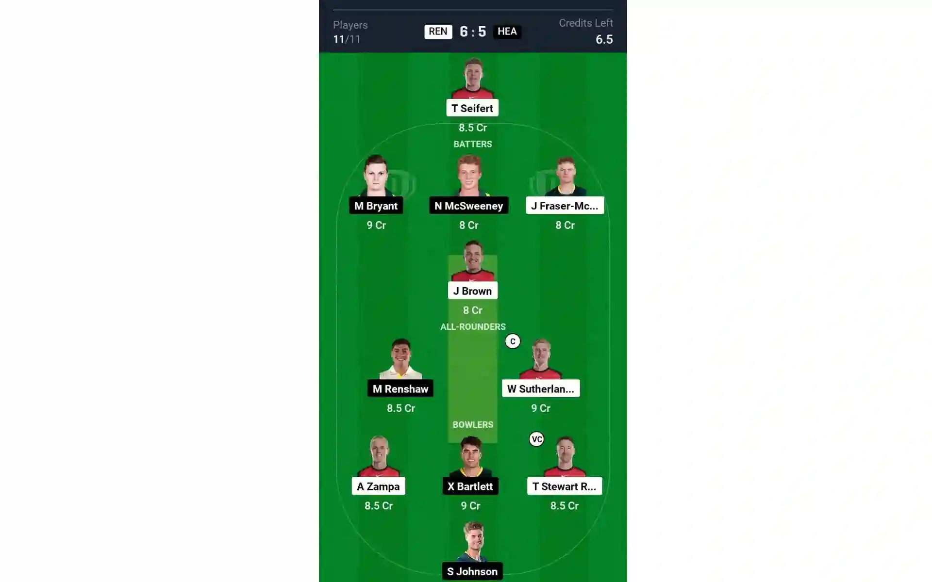 REN vs HEA, BBL 2024-25: Dream11 Team 1 (Source: @Dream11 App)