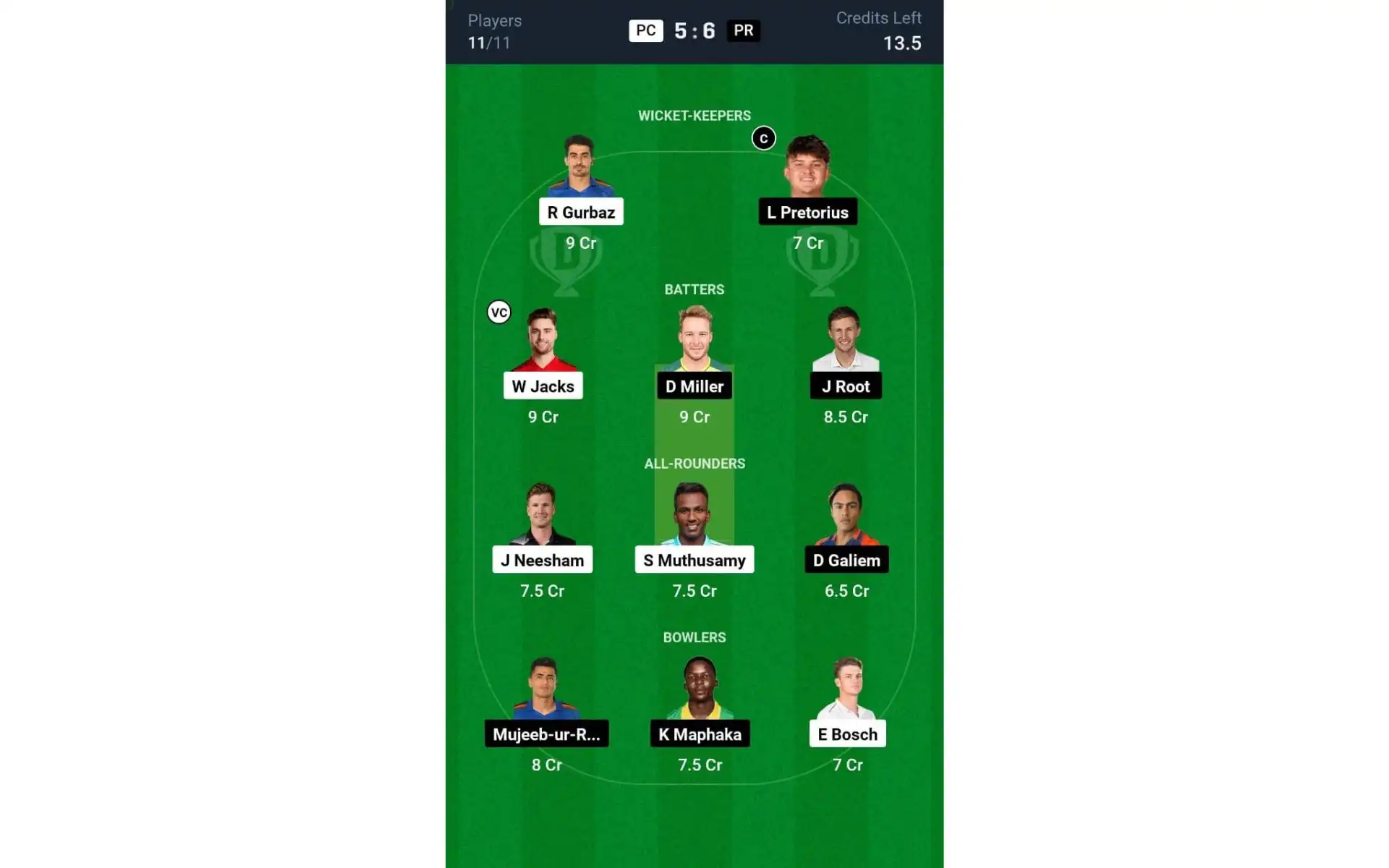 PC vs PR, SA20 2025: Dream11 Team 1 [Source: @Dream11 App]