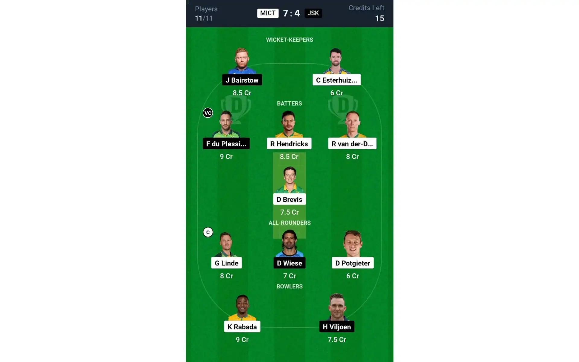 MICT vs JSK, SA20 2025: Dream11 Team 1 [Source: @Dream11 App]