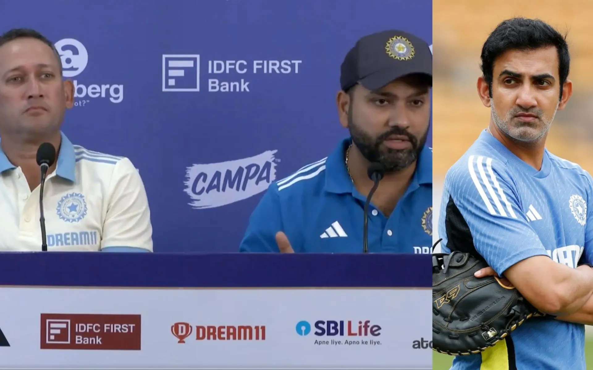 Rohit and Agarkar addressed the PC; a file photo of Gambhir (Source: @muffadal_vohra and @KnightClub_KKR)