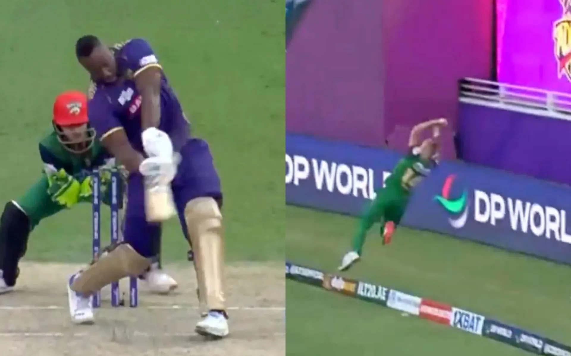 Andre Russell fell to a stunning catch in the ILT20 2025 [Source: @FanCode/x.com]