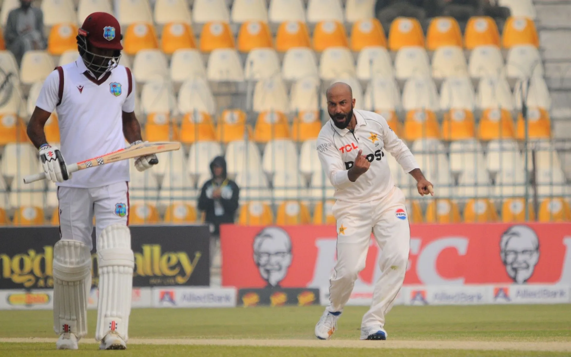 Sajid Khan celebrating a West Indies wicket on Day 3 [Source: @TheRealPCB/x]